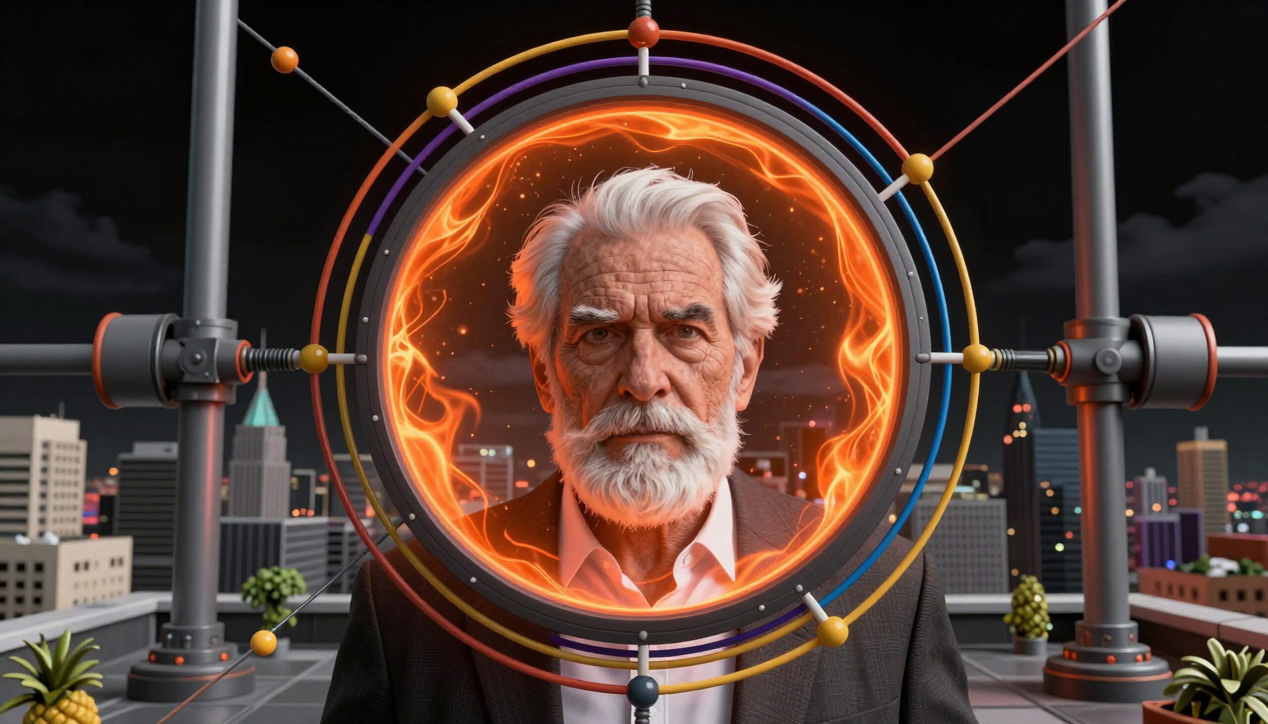 An elderly man framed by fire in a futuristic cityscape.