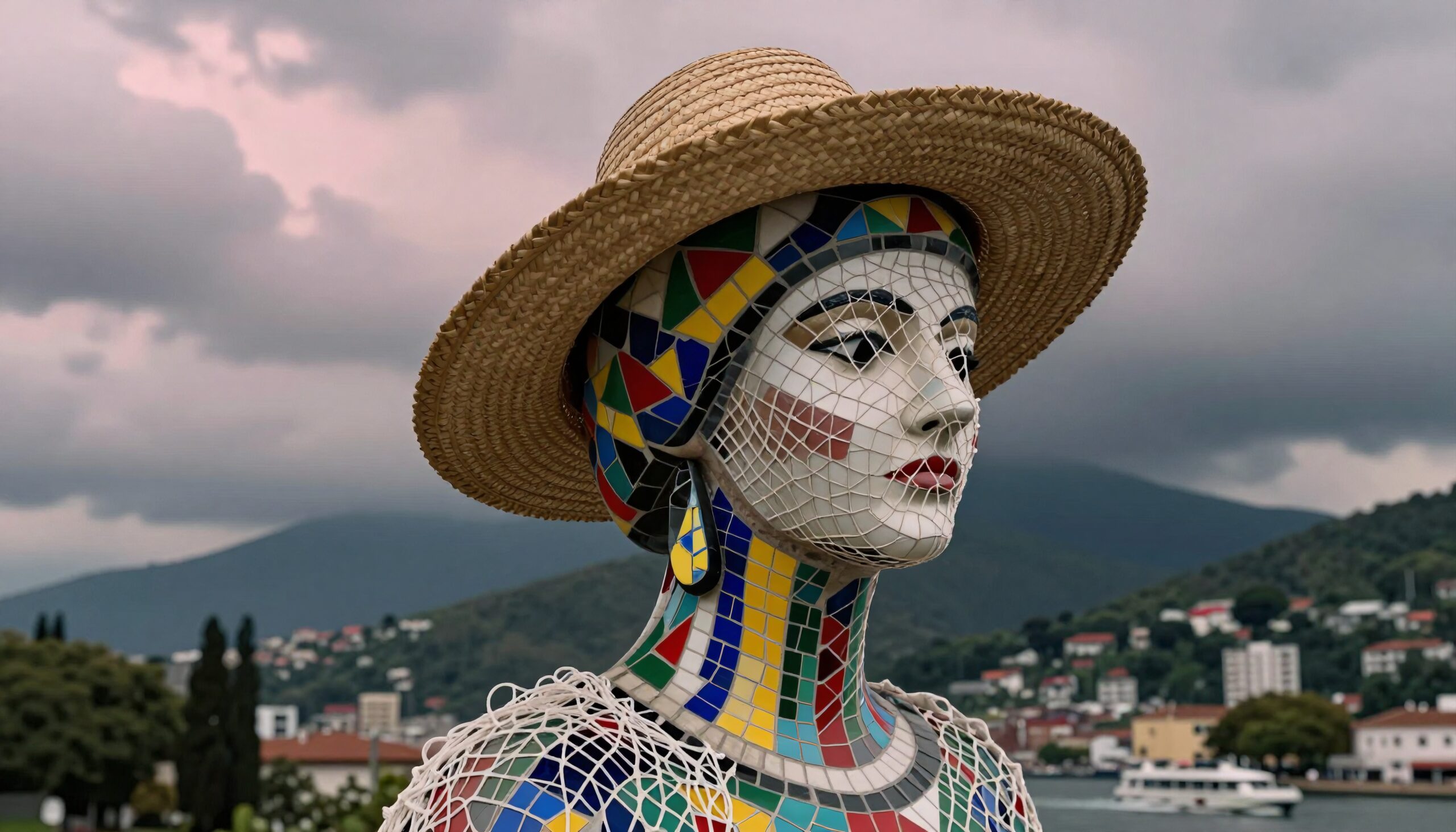 A colorful mosaic statue wearing a straw hat set against a scenic hilly town backdrop under a cloudy sky.