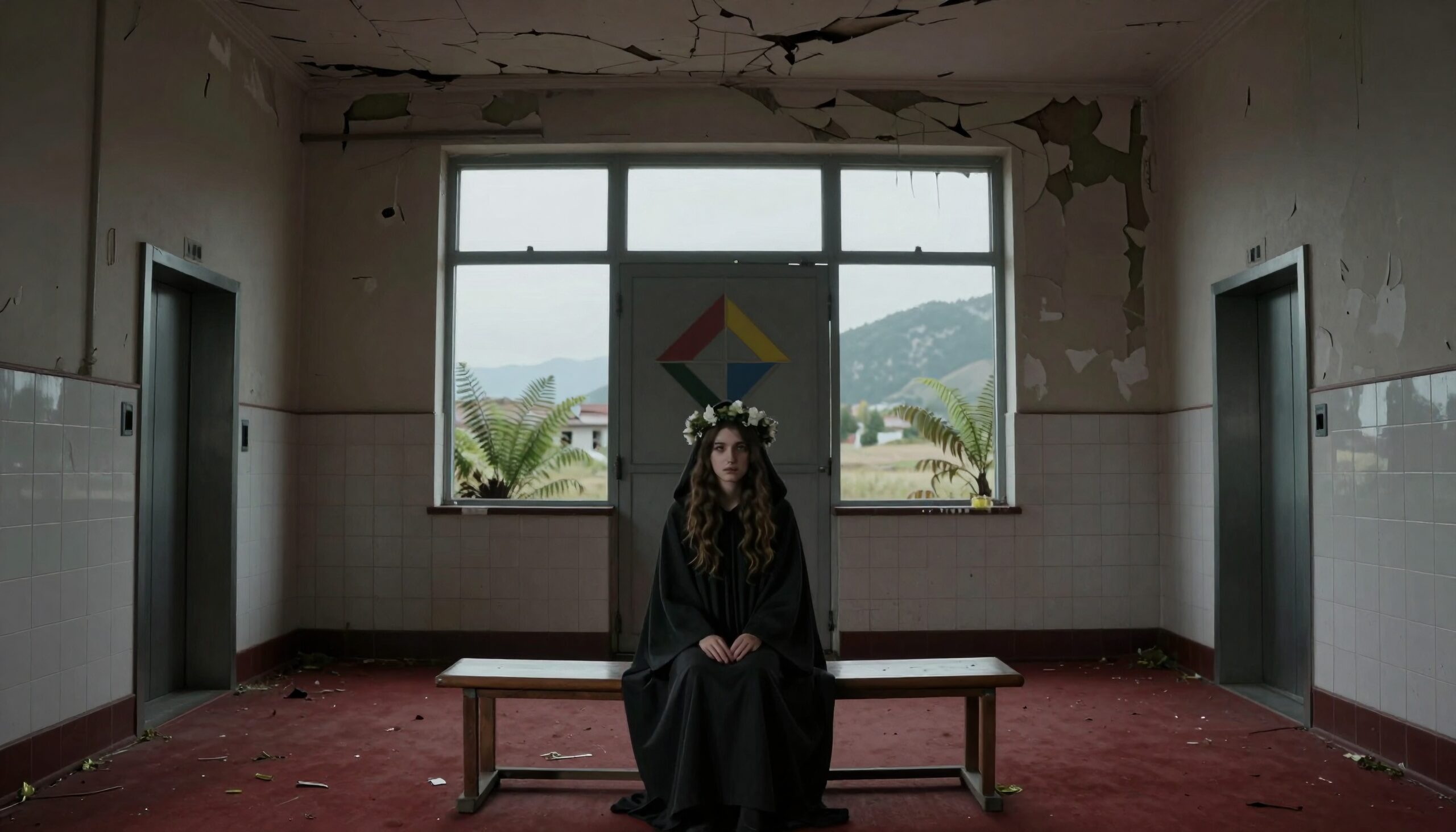 A young woman in a black cloak with a flower crown sits on a bench in a dimly lit, abandoned room with peeling paint and large windows showing an outdoor view.