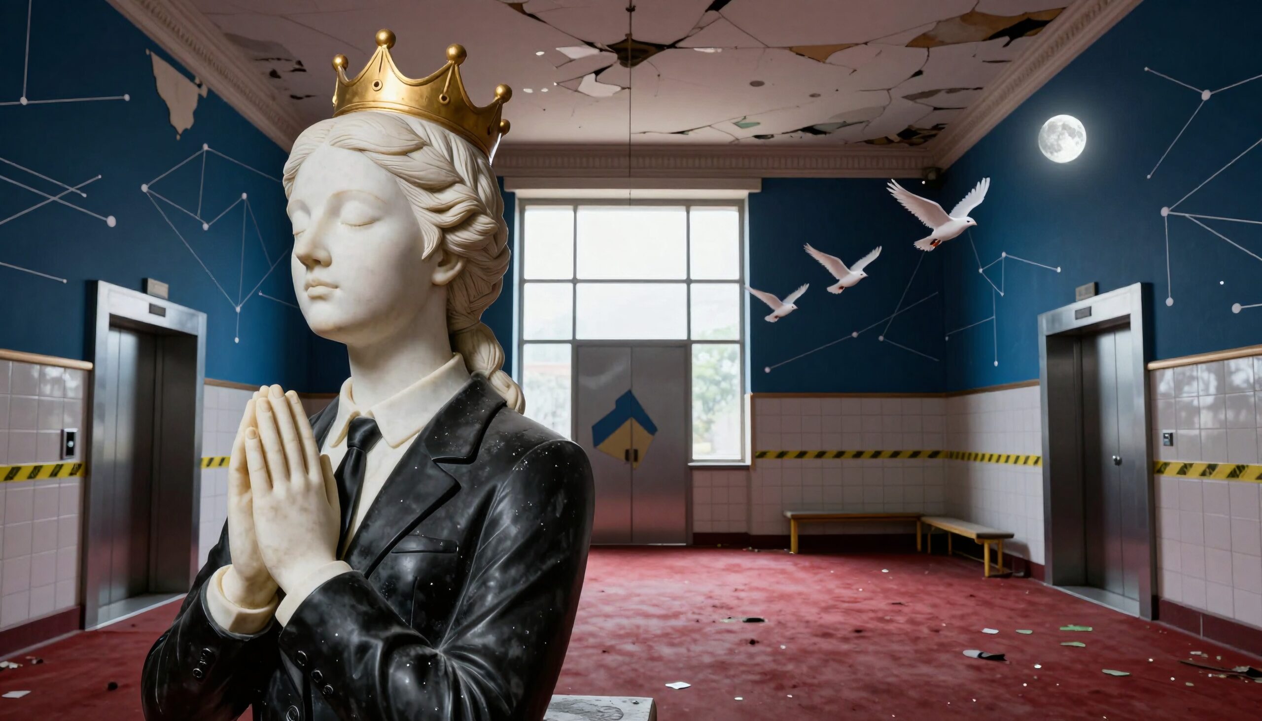 A statue in a suit with a crown, surrounded by celestial murals in a decaying room, creates a surreal atmosphere.