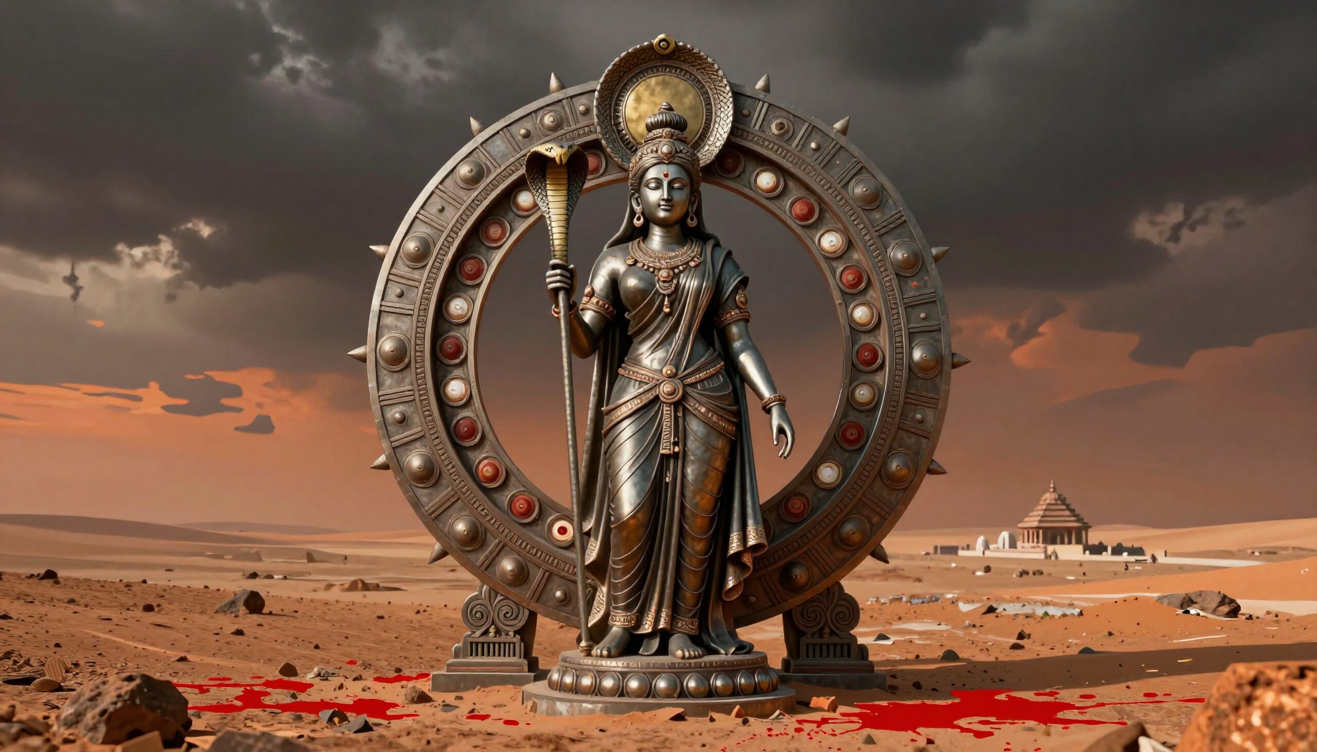 A majestic statue with cobra staff stands in a desert landscape, surrounded by a circular metal structure under a cloudy sky.