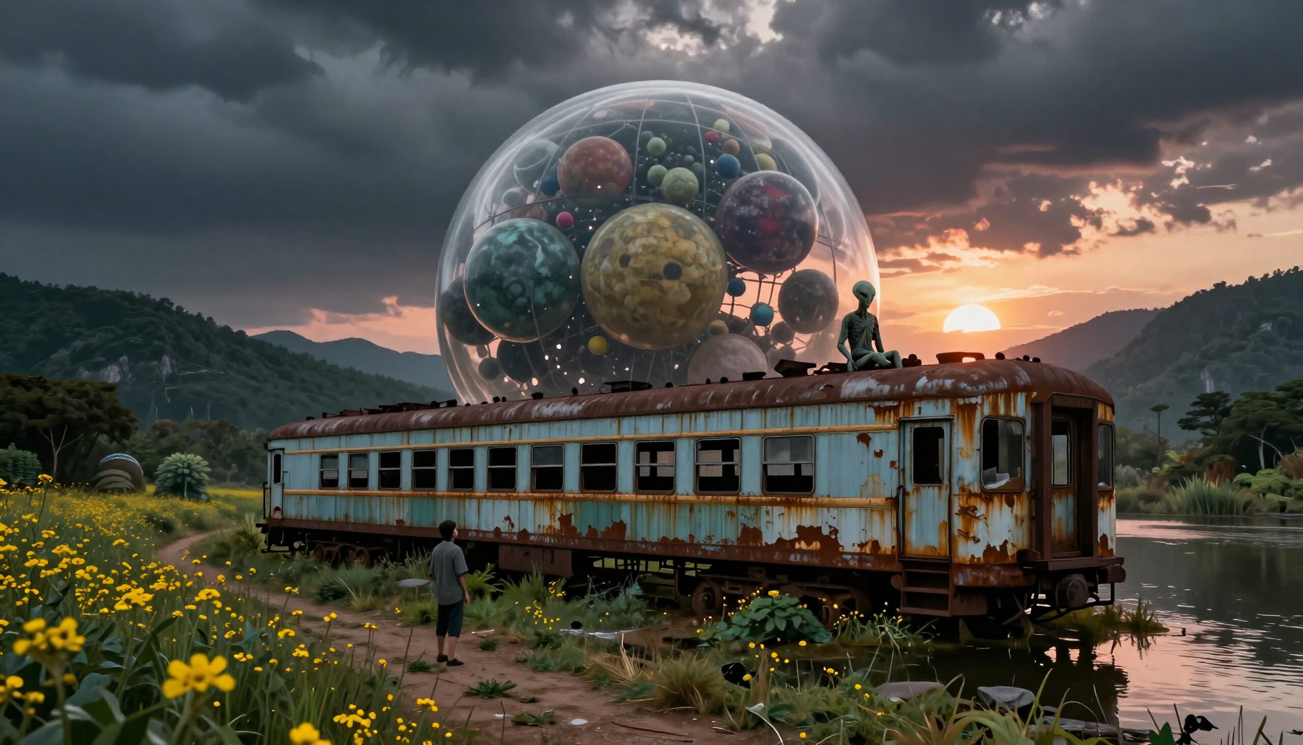 A surreal landscape featuring a rusty train car in a field with an alien figure sitting on top, colorful orbs in a transparent sphere, and a vivid sunset sky.