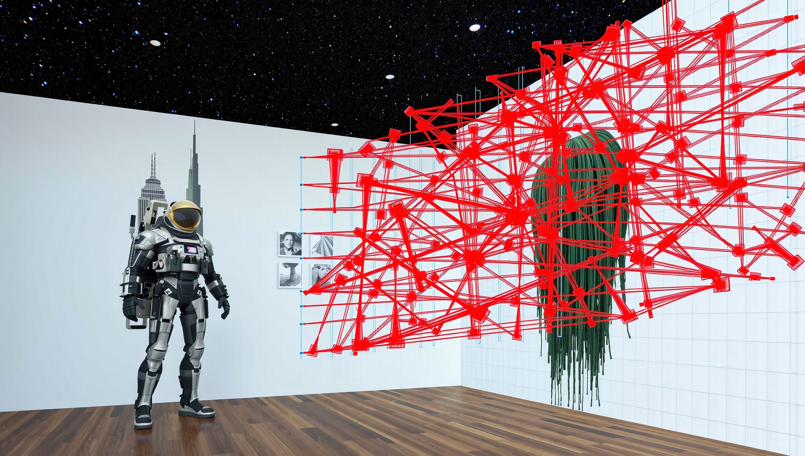 Futuristic astronaut exhibition in modern art gallery featuring red geometric structure and starry night sky.