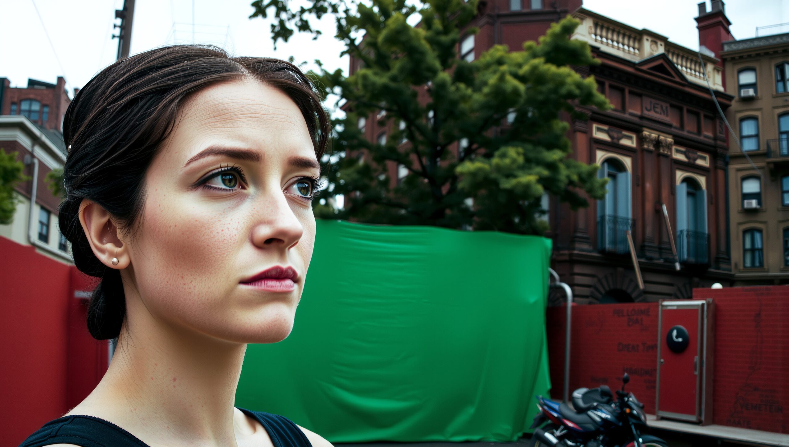 Woman in urban setting with historical building and green screen backdrop.