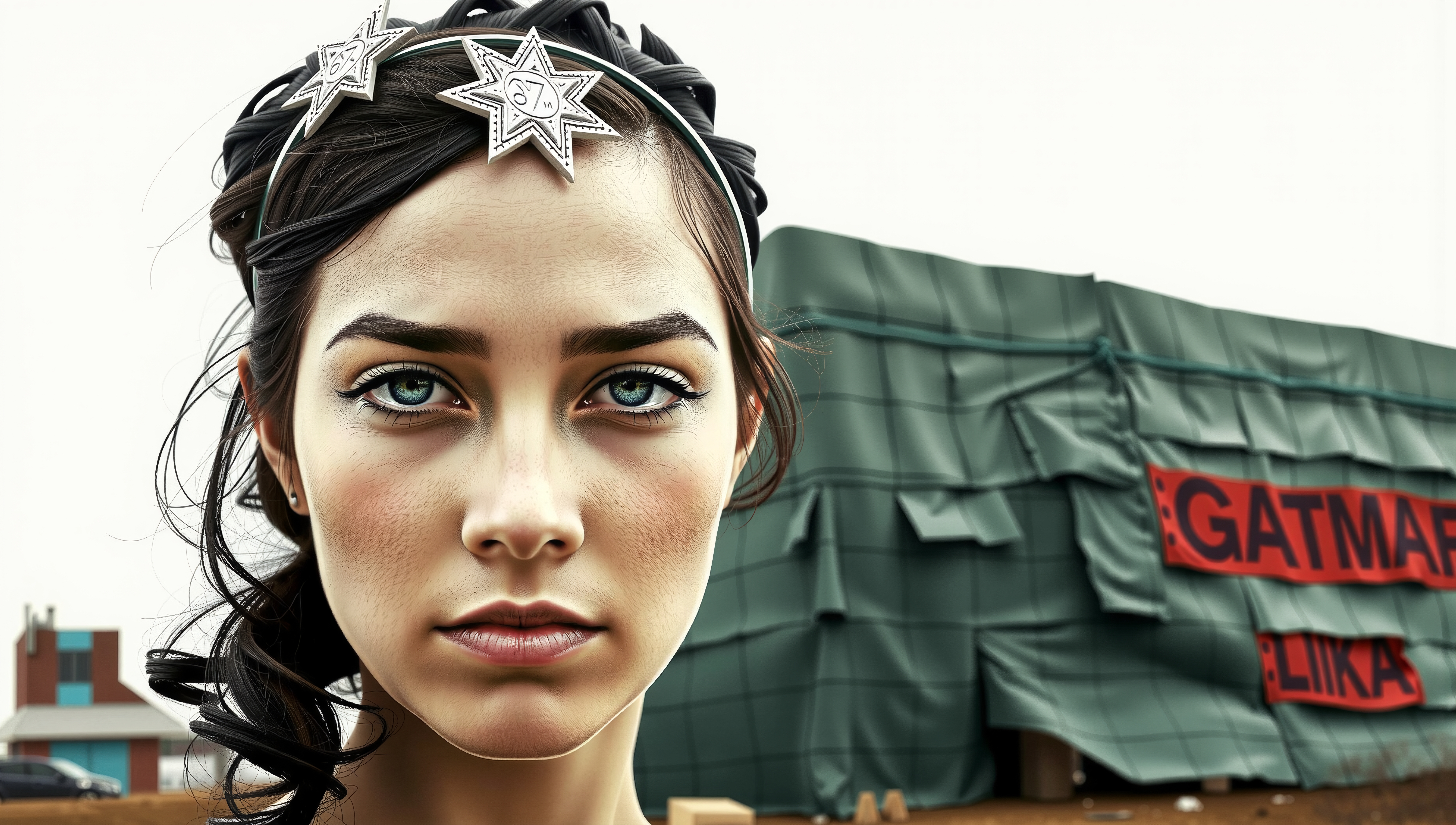 Close-up portrait of a young woman with stars in hair, set against a backdrop of a construction site with tarp and sign.