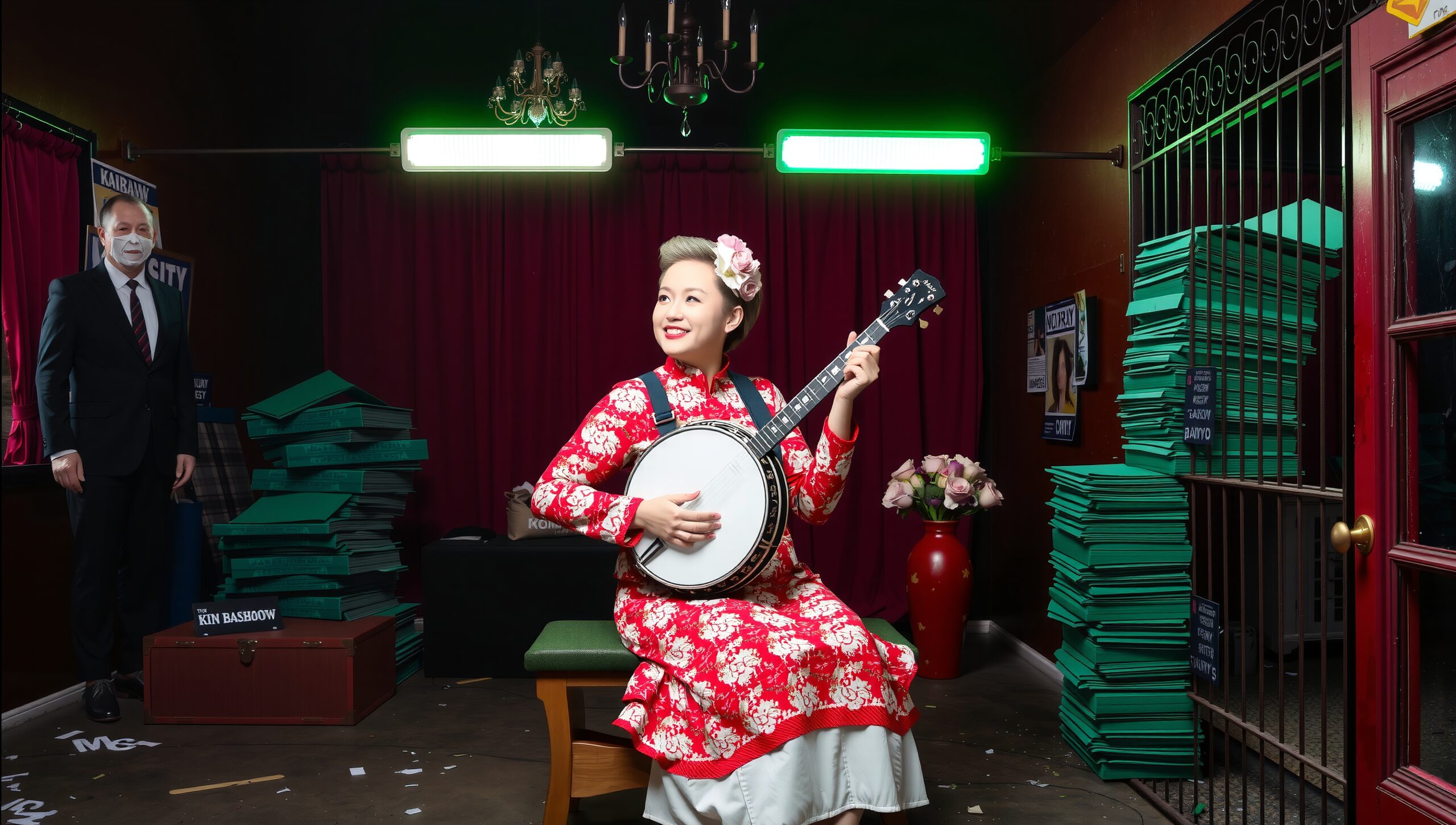A woman in a red floral dress plays a banjo in an eclectic, theatrical setting, with a man in a suit nearby.