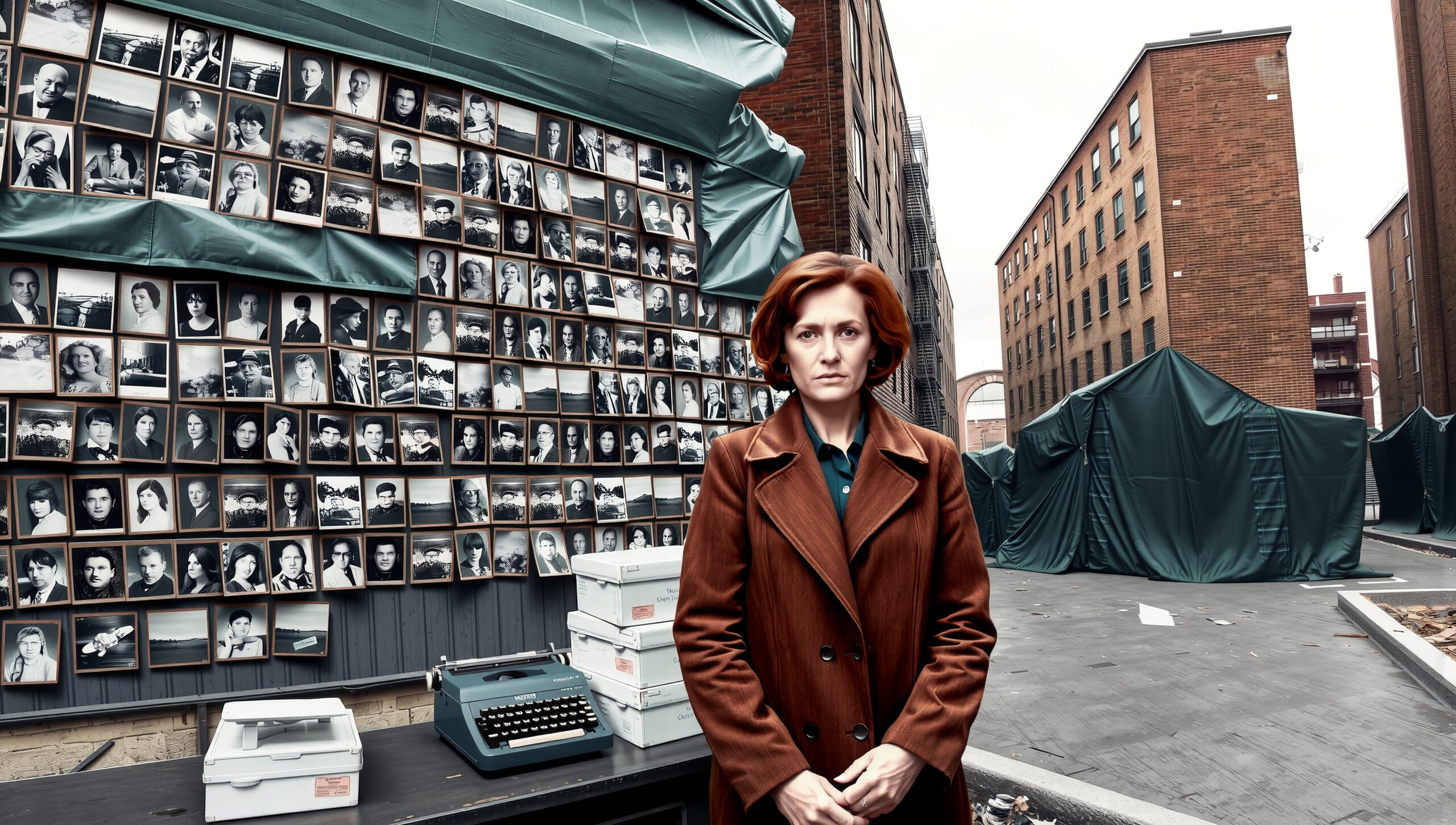 A woman in a coat stands in an alley with a wall of photo portraits, conveying nostalgia.