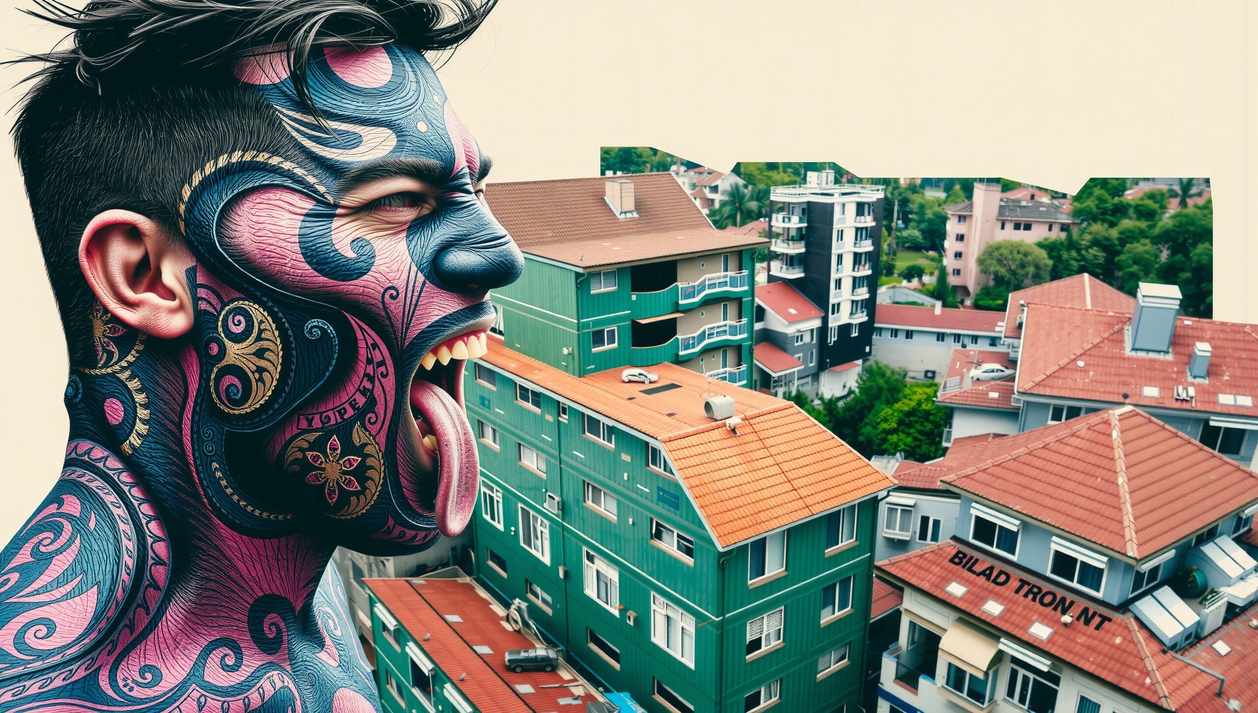 A tattooed man overlooks a colorful urban cityscape with vibrant rooftops and residential buildings in the background.