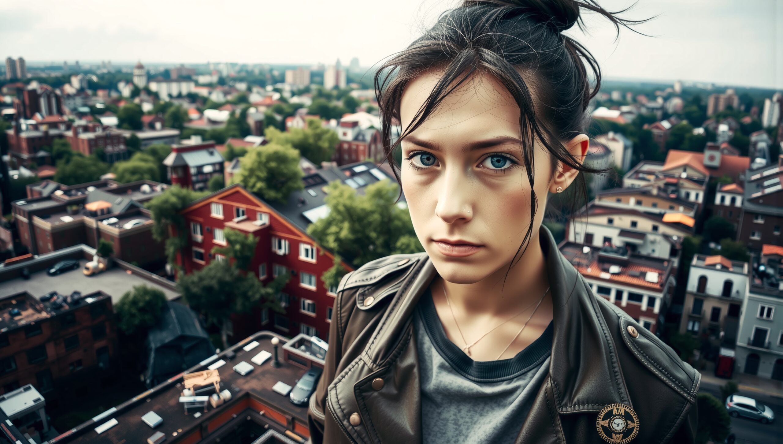 A young woman with blue eyes stands on a rooftop, staring intensely into the camera, with a cityscape in the background.