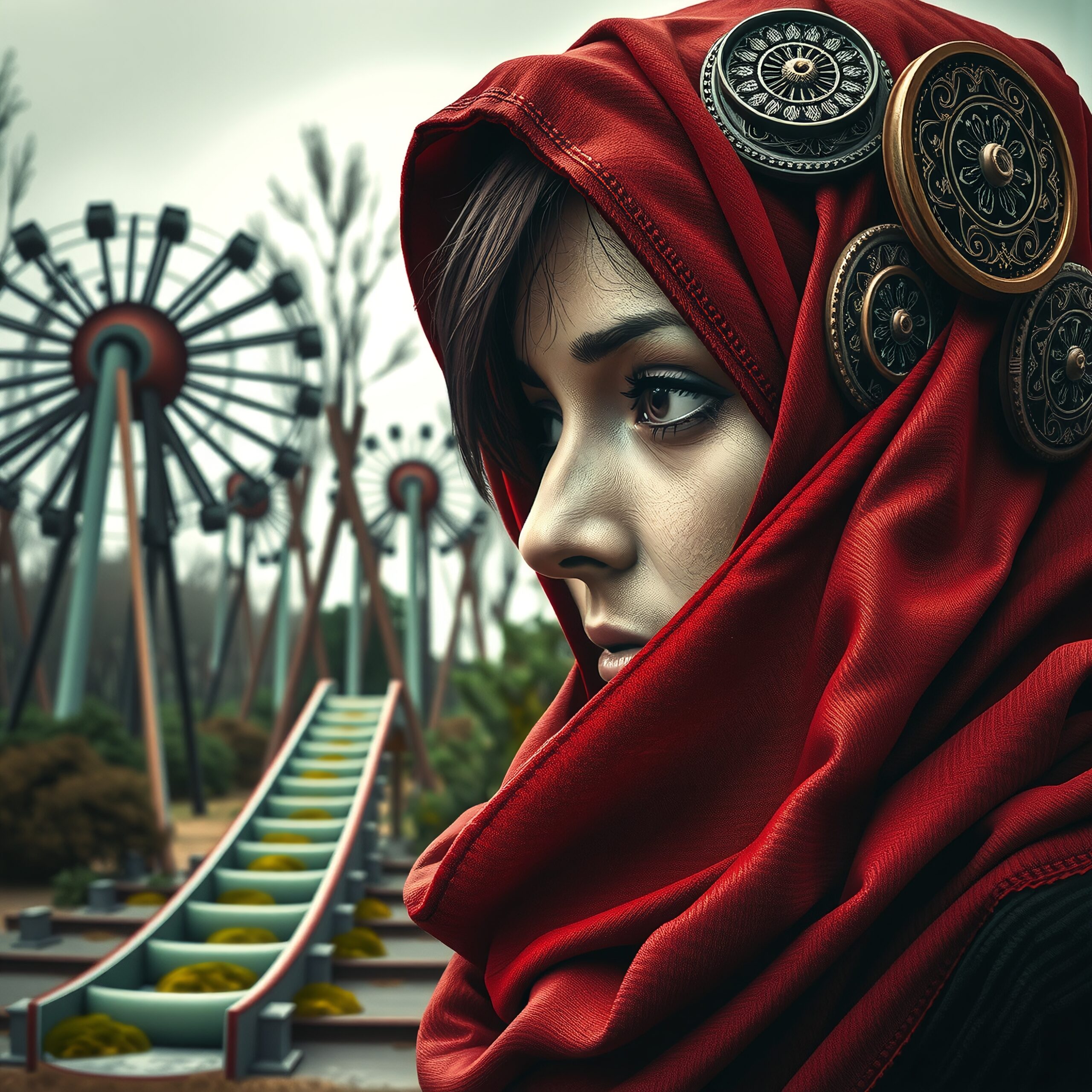 Image of a woman in a red hood with industrial windmill-like structures in the background.