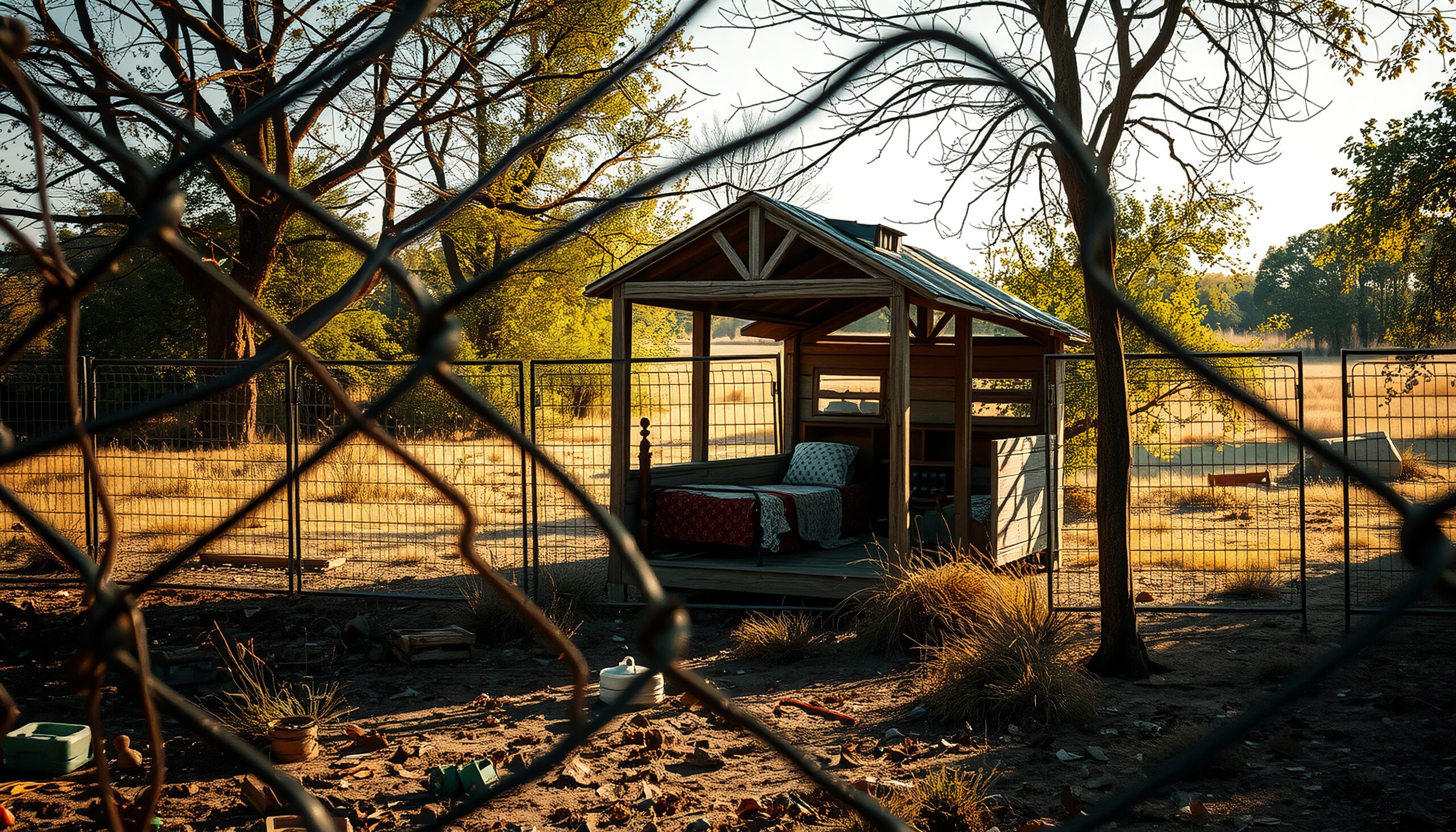 A rustic wooden shelter inside a fenced area, bathed in warm sunlight, offers a serene and isolated setting amidst tall trees and scattered debris.