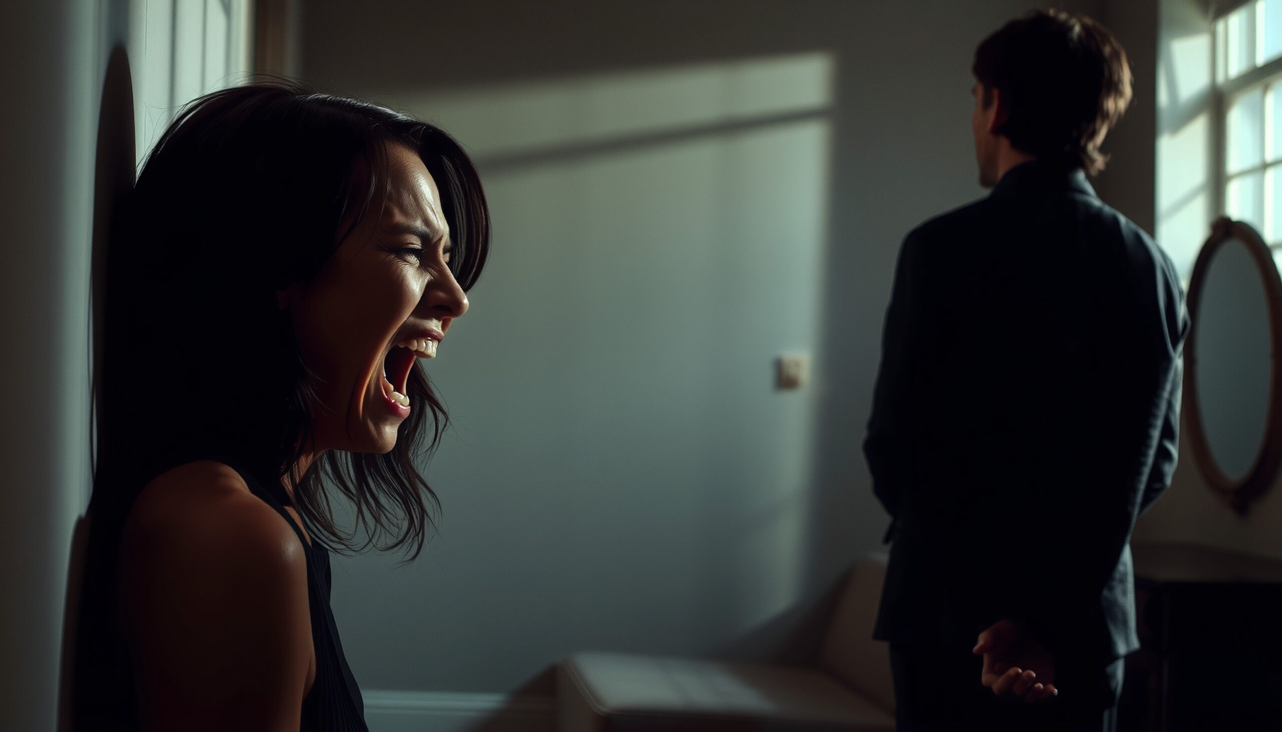A woman screams silently while a man stands with his back turned in a dimly lit room.