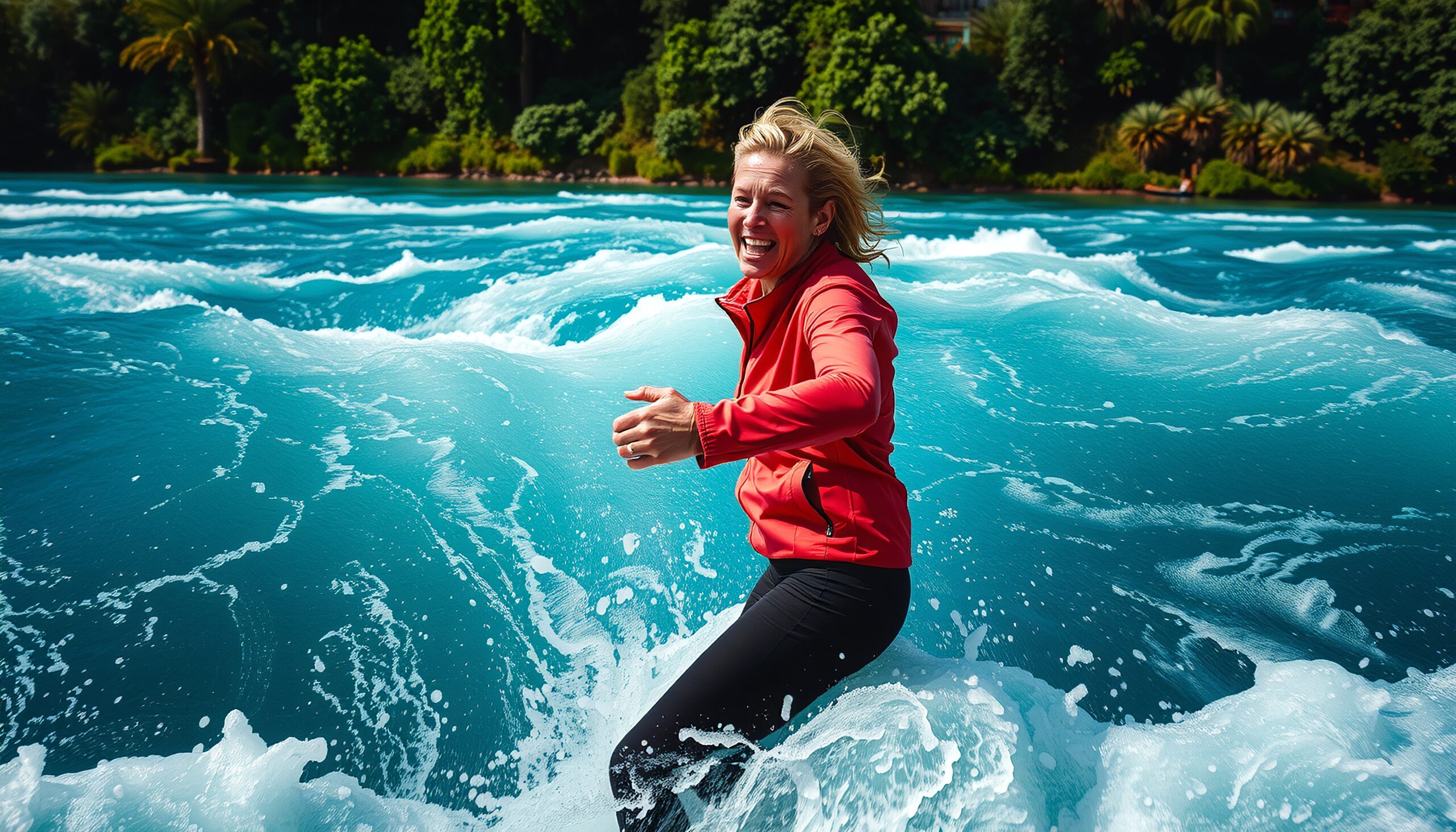 A woman joyfully surfing large waves against a lush green backdrop, wearing a red jacket, in vibrant turquoise water.