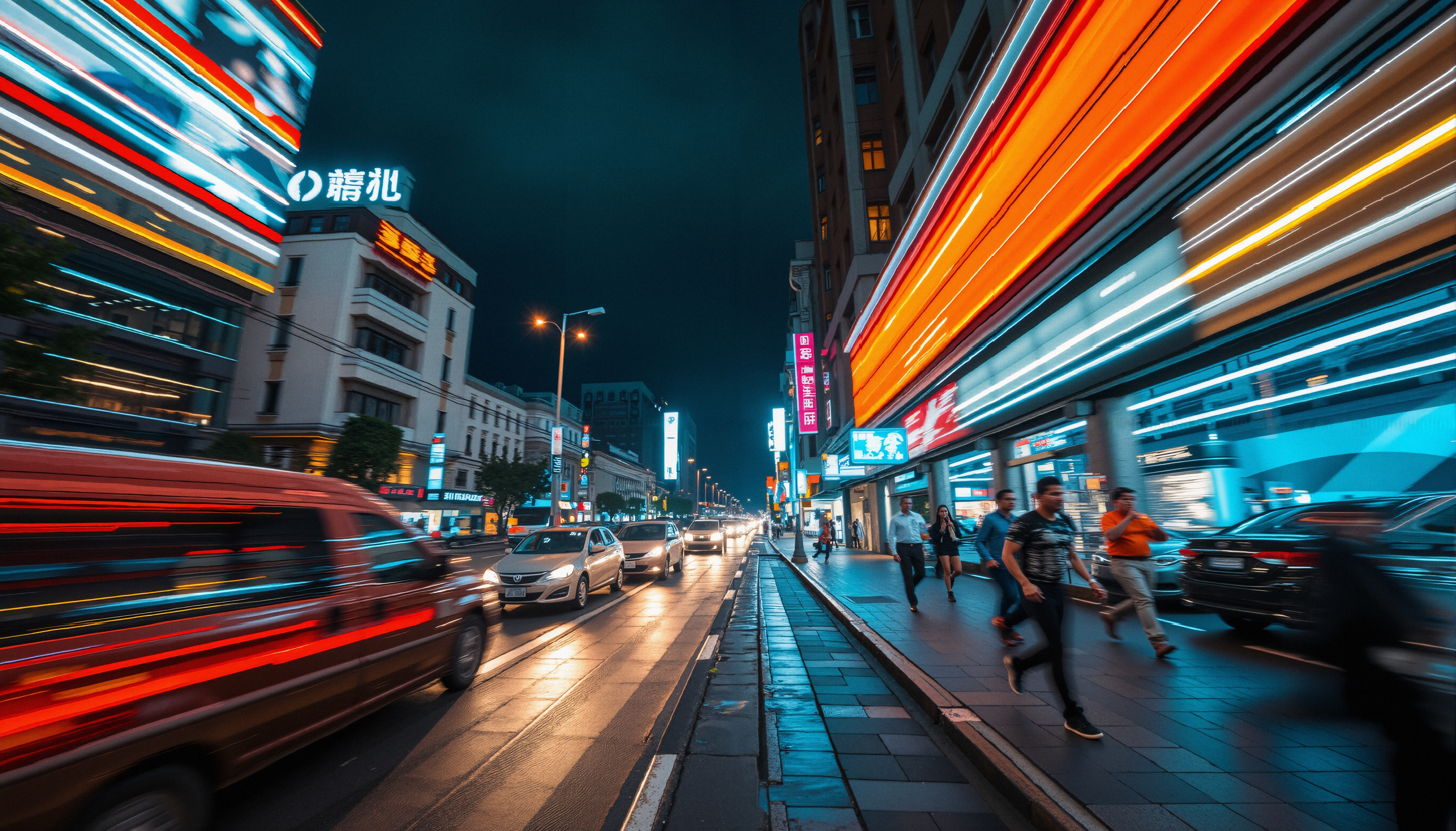 Vibrant urban street scene with neon lights and moving traffic at night.