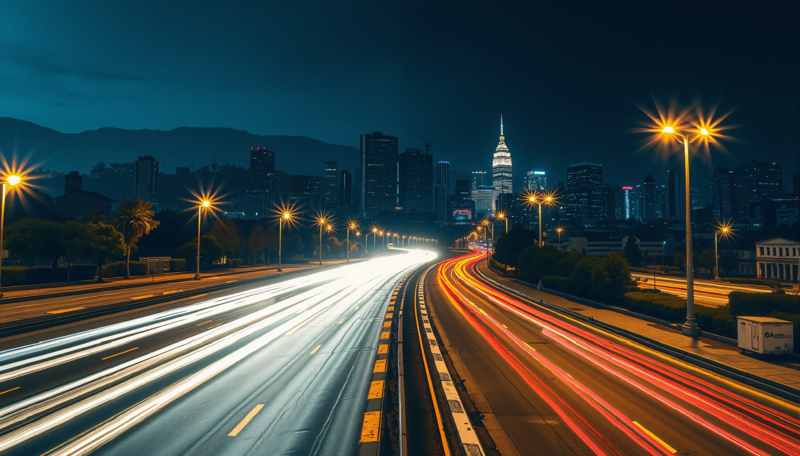 A bustling urban highway at night, under a luminous city skyline.