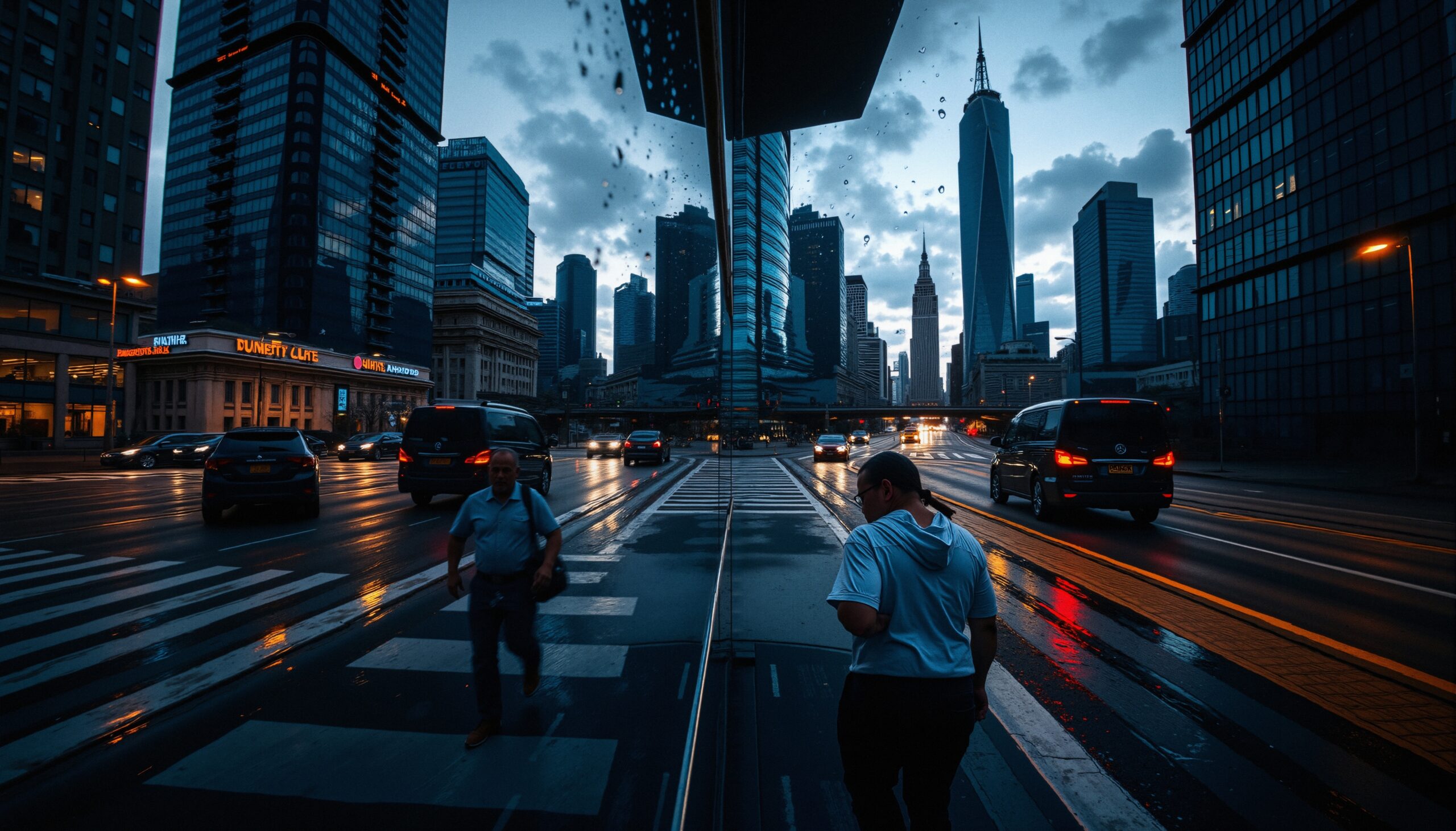 A bustling city street at dusk with reflections of skyscrapers and people crossing the road, highlighted by evening lights and raindrops.