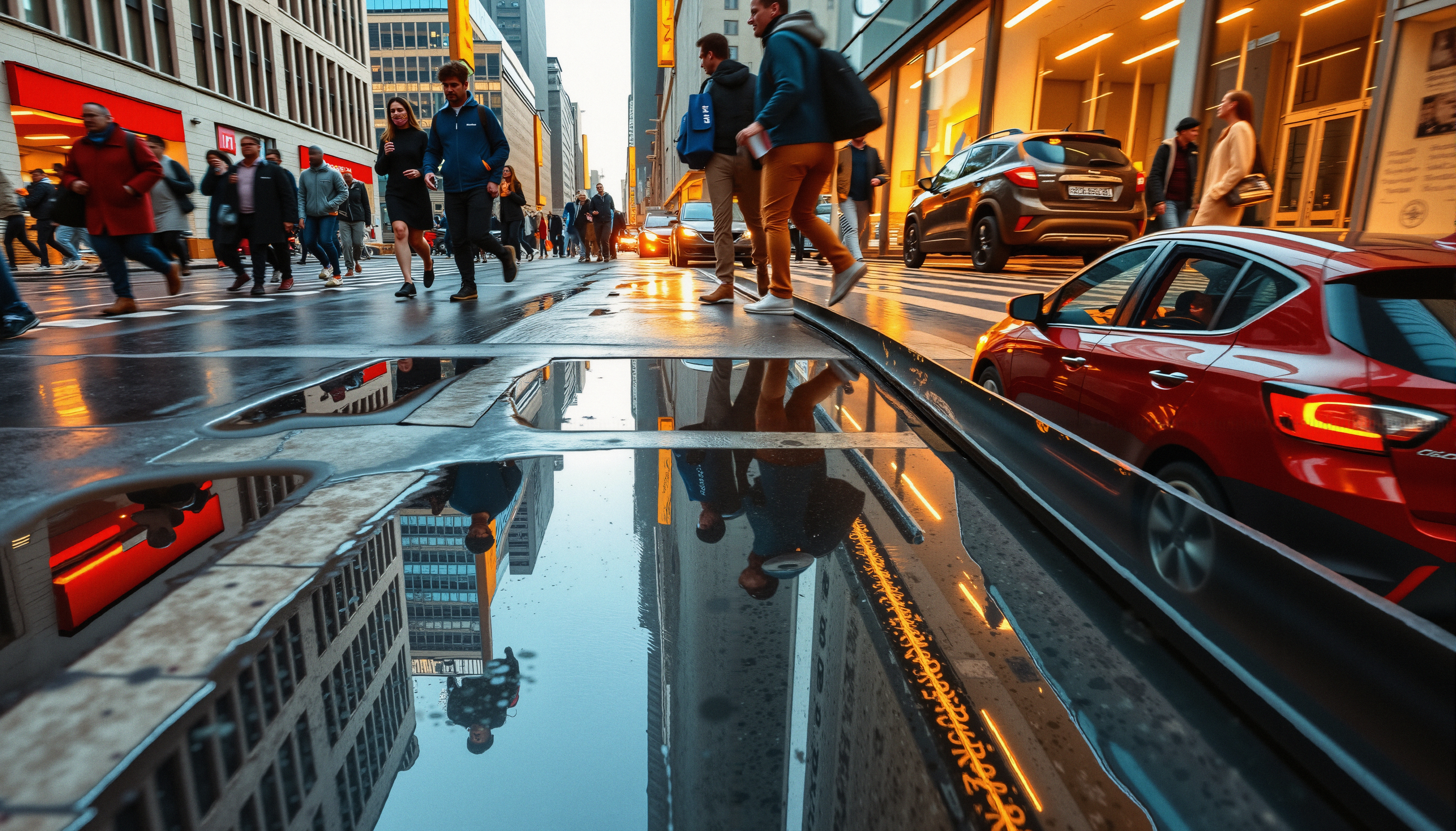 City Life Reflected in Puddles