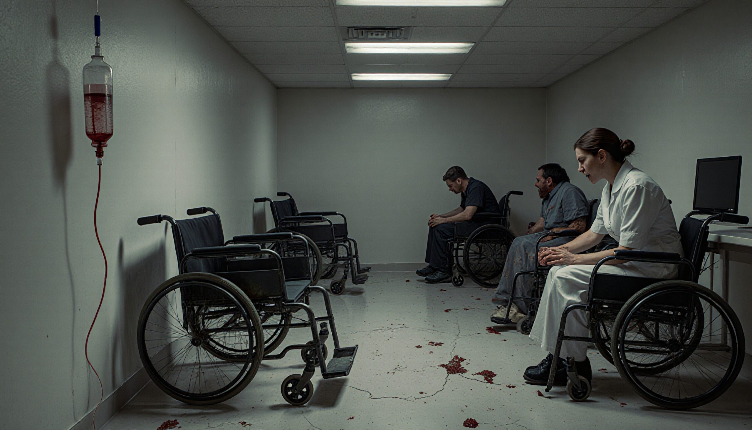 A dimly lit clinical hallway with three individuals in wheelchairs, scattered blood on the floor, and an IV drip creating a tense, urgent atmosphere.
