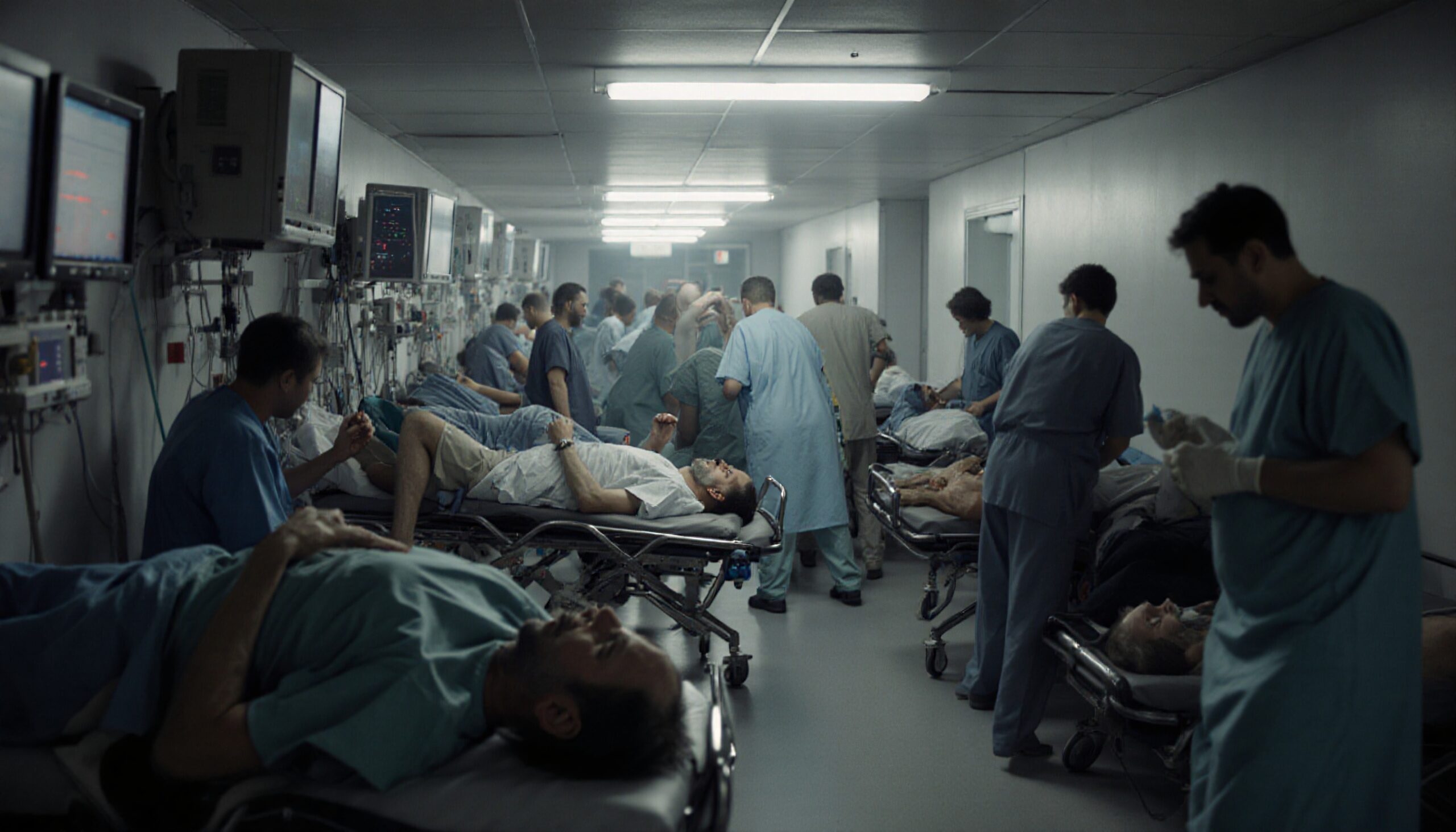 A busy hospital corridor with patients on stretchers and medical staff attending to them.