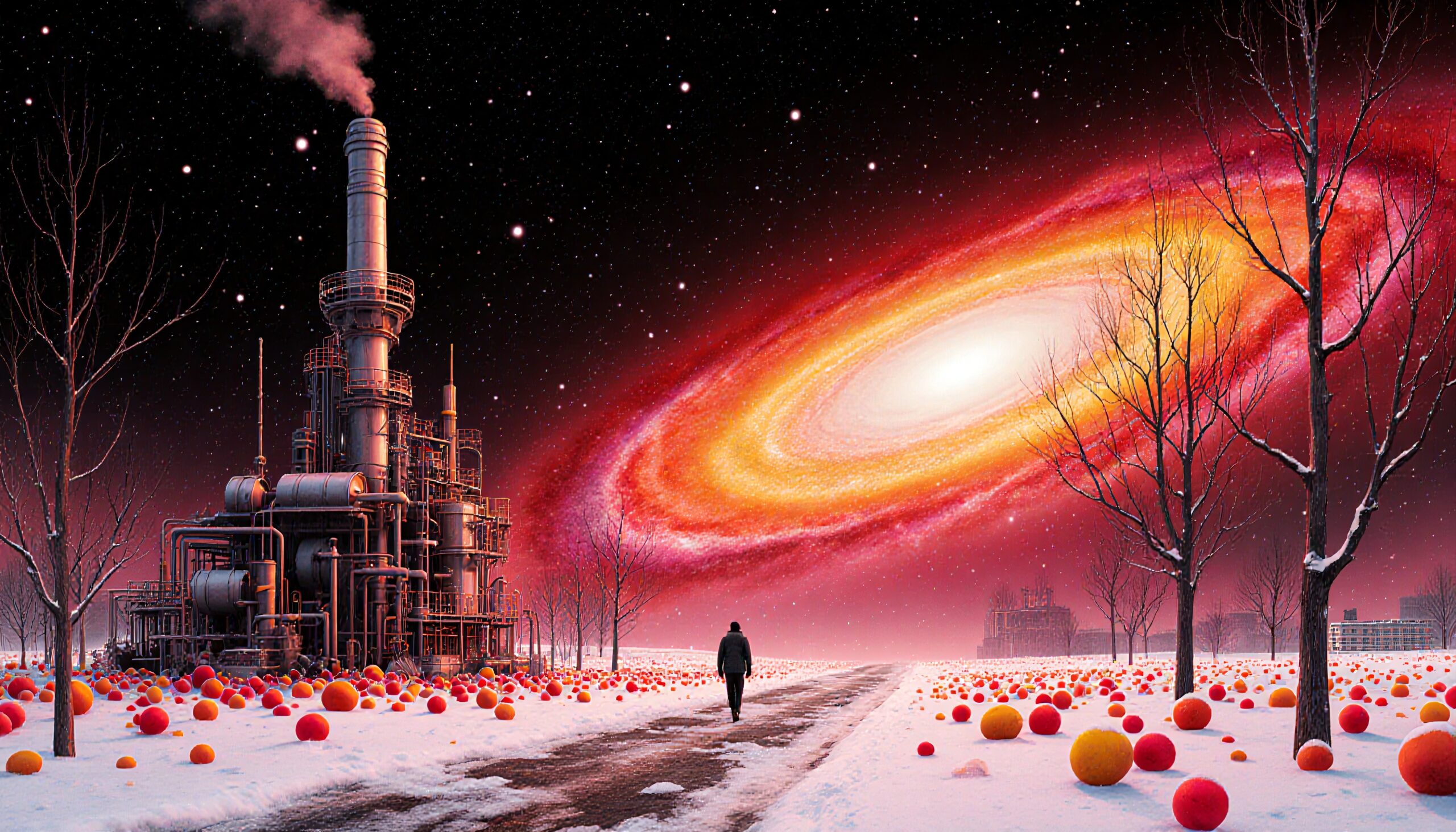 A person in a snowy landscape walks towards a colorful swirling galaxy, flanked by an industrial structure and bare trees.