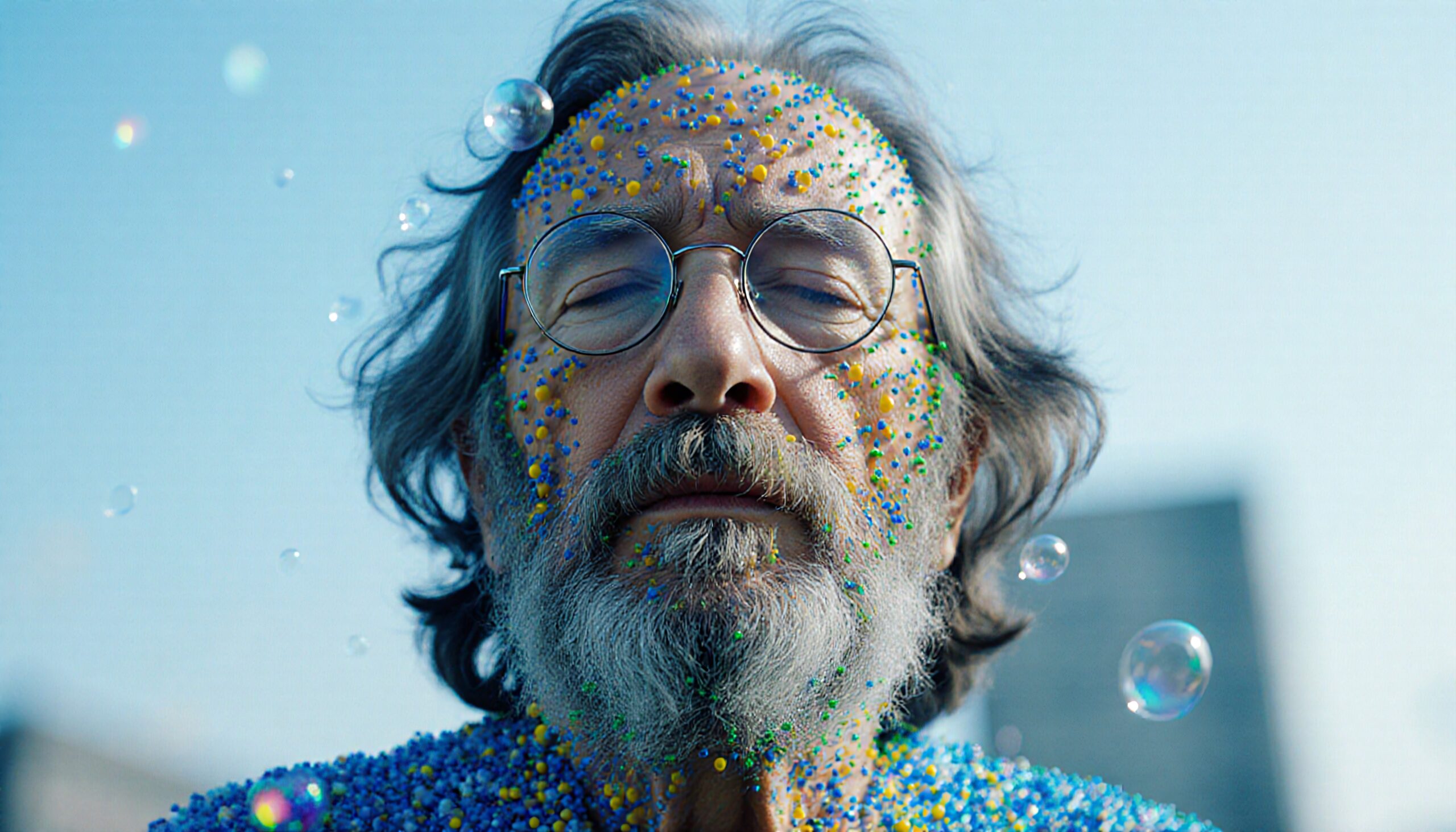 Elderly man with colorful face paint and bubbles floating.