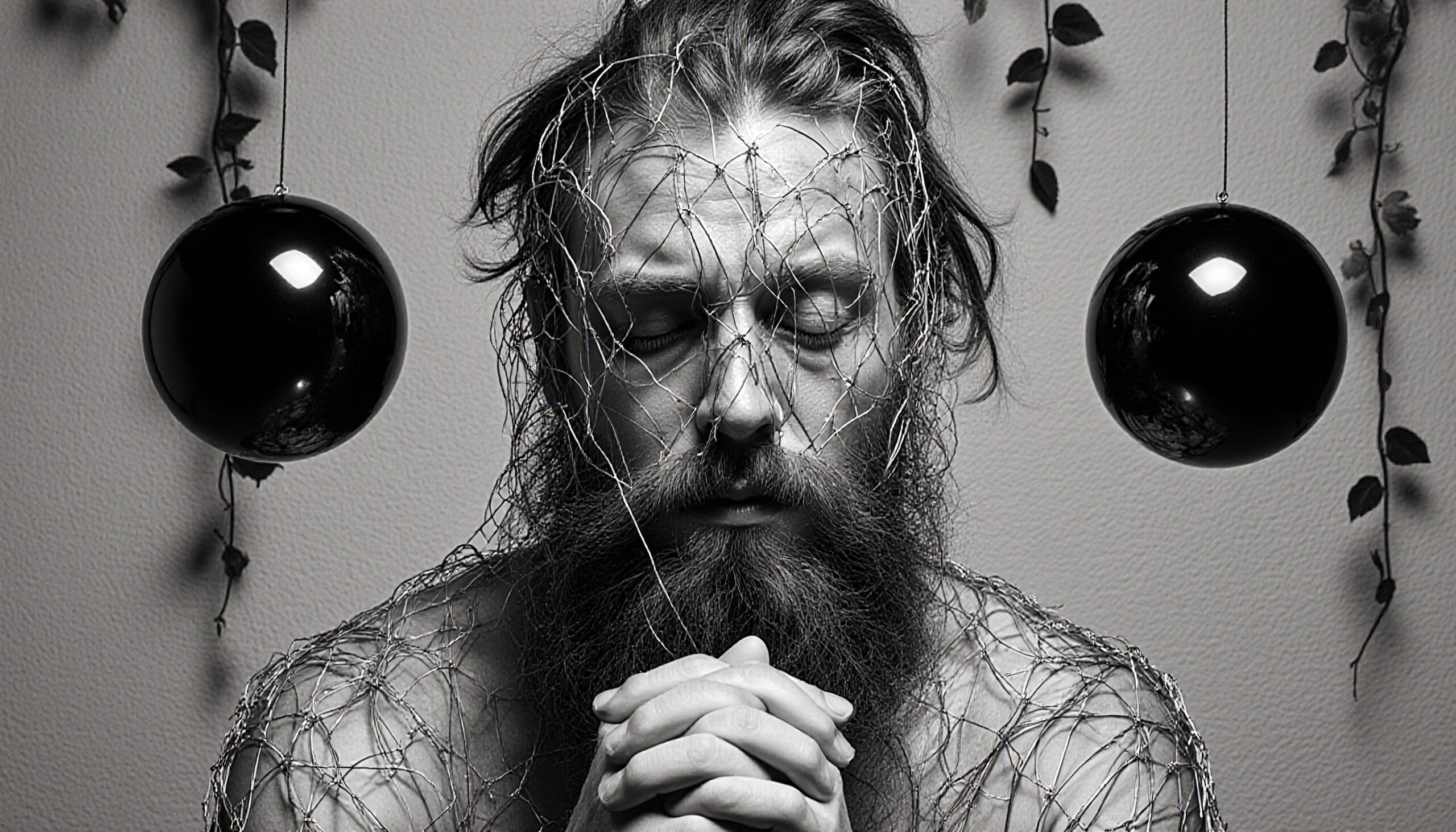 A contemplative bearded man encased in wire against a minimalist background with hanging spheres.