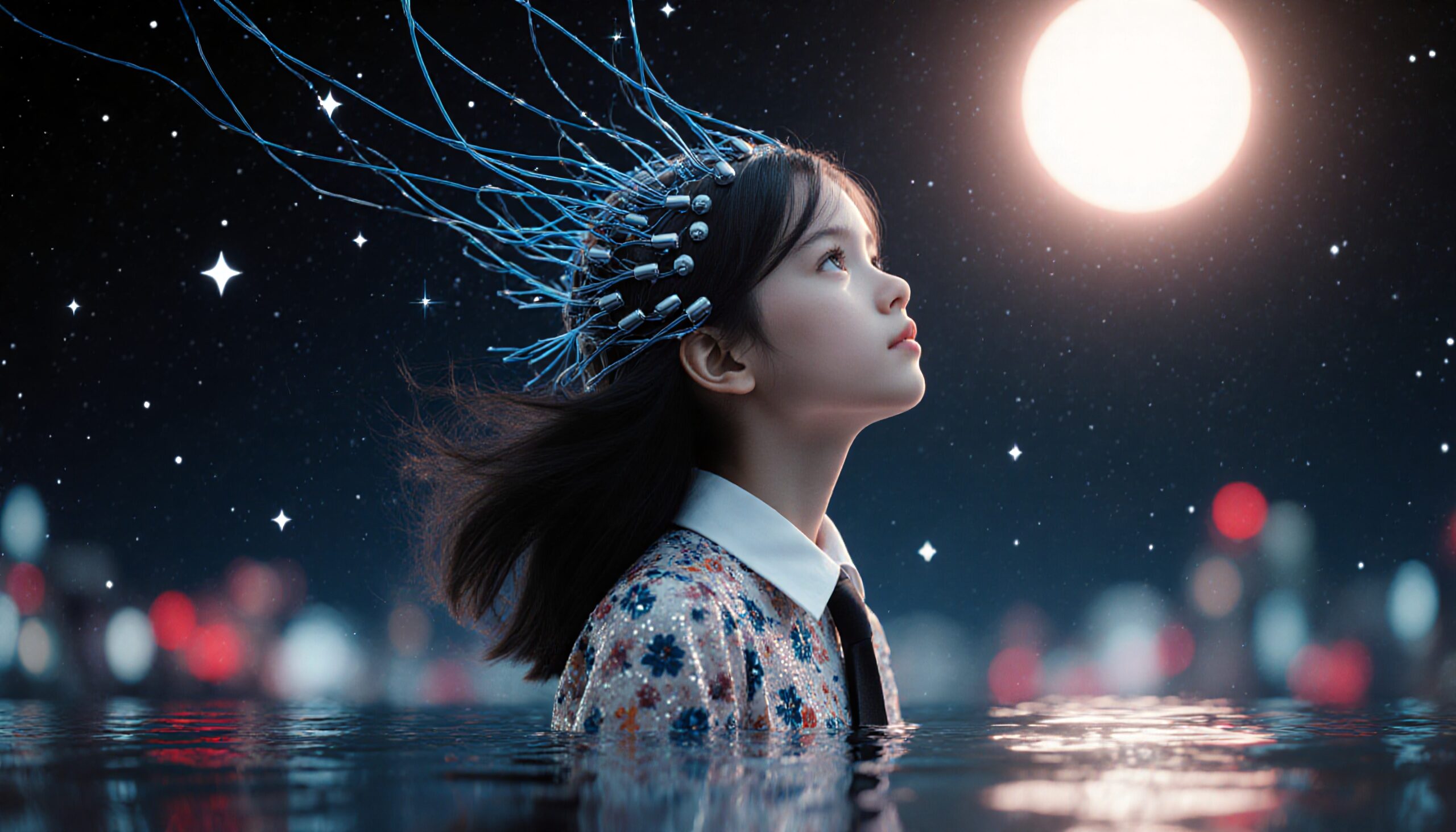 A girl with a futuristic headpiece gazes at the moon in a starry night.