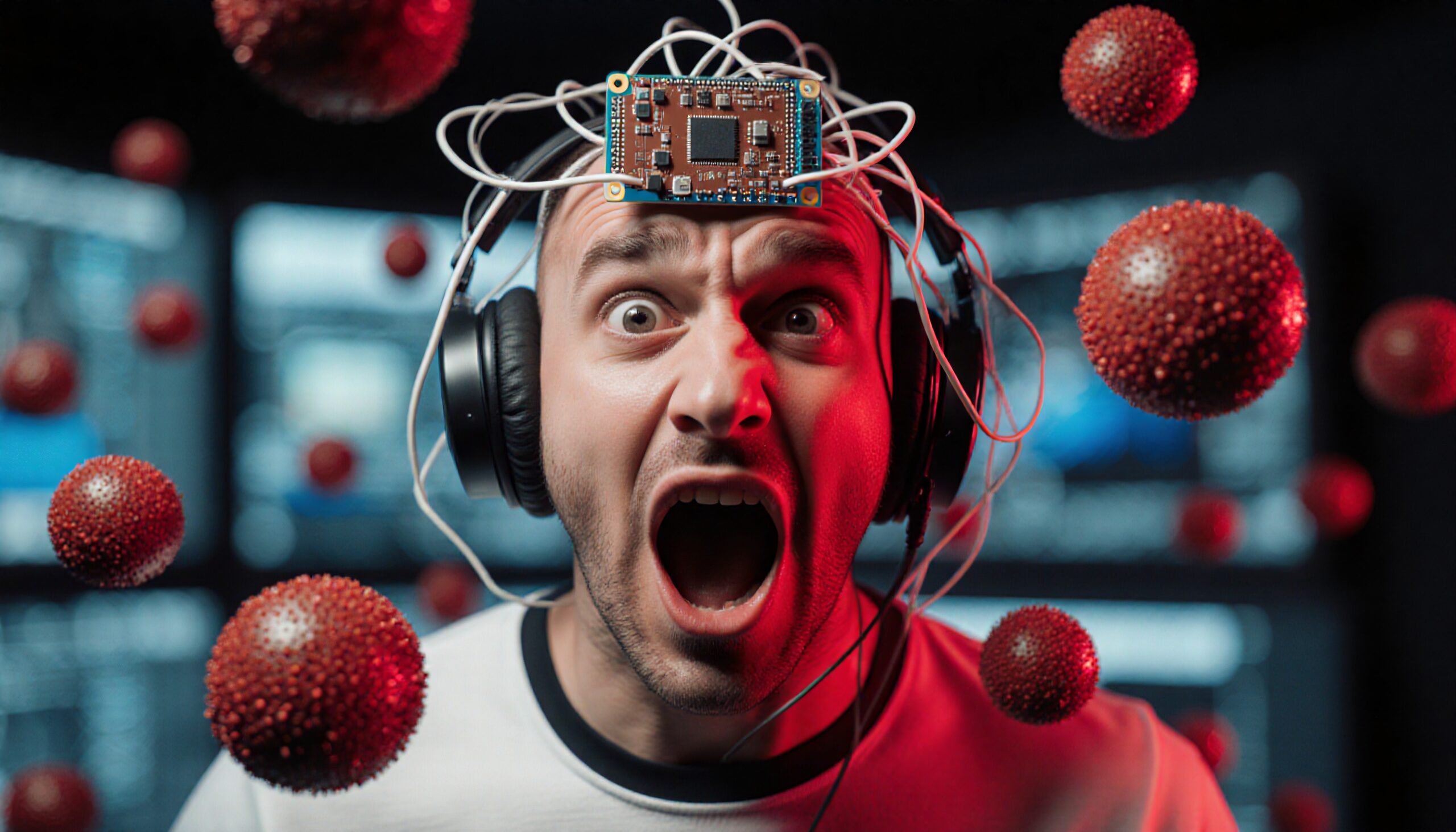 A man with a circuit board on his forehead, wearing headphones, surrounded by digital virus models, depicting technology and human integration in a high-tech environment.