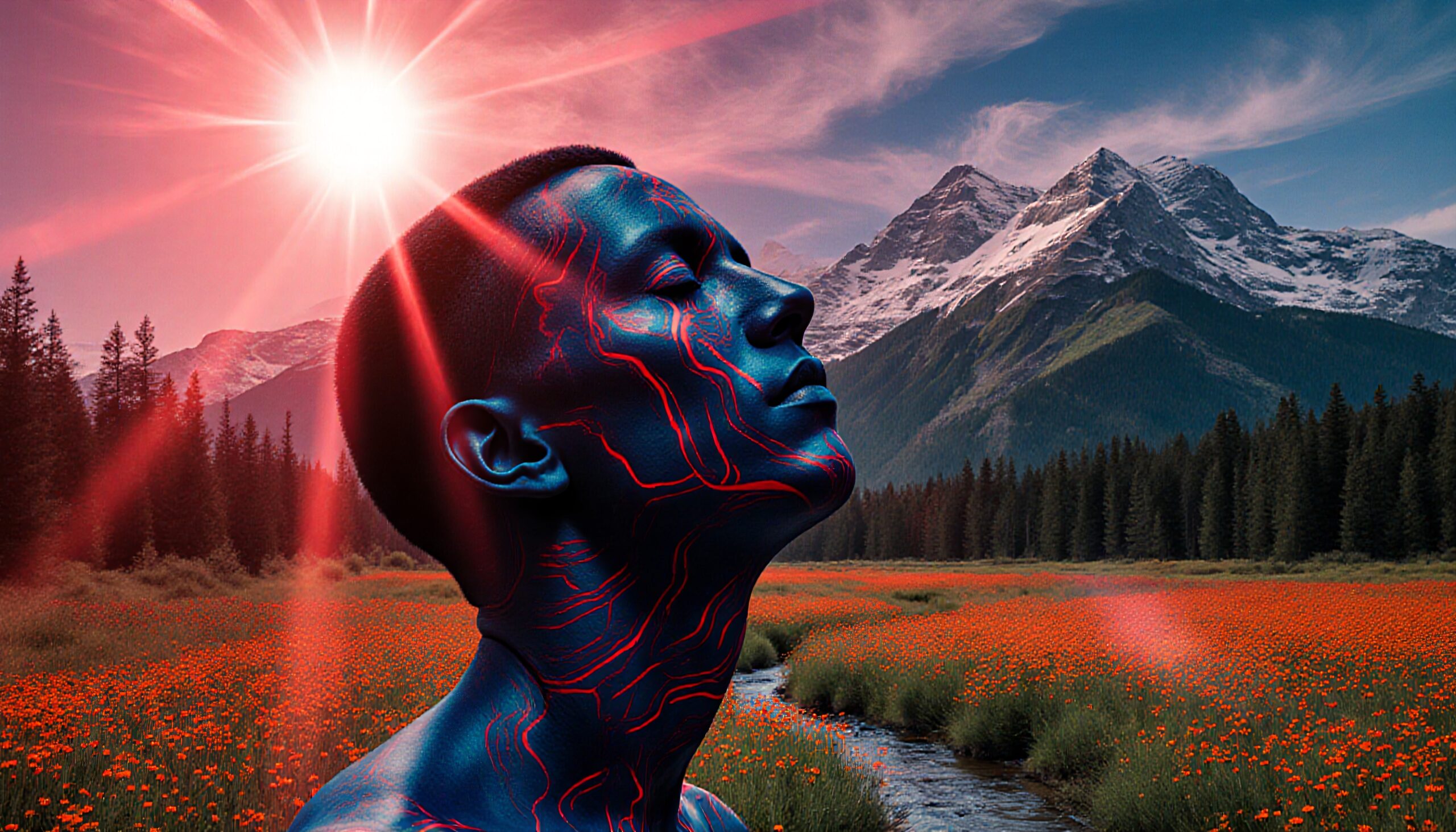 A neon-skinned person in a vivid natural landscape with surreal sunlight, orange flowers, and majestic mountains.