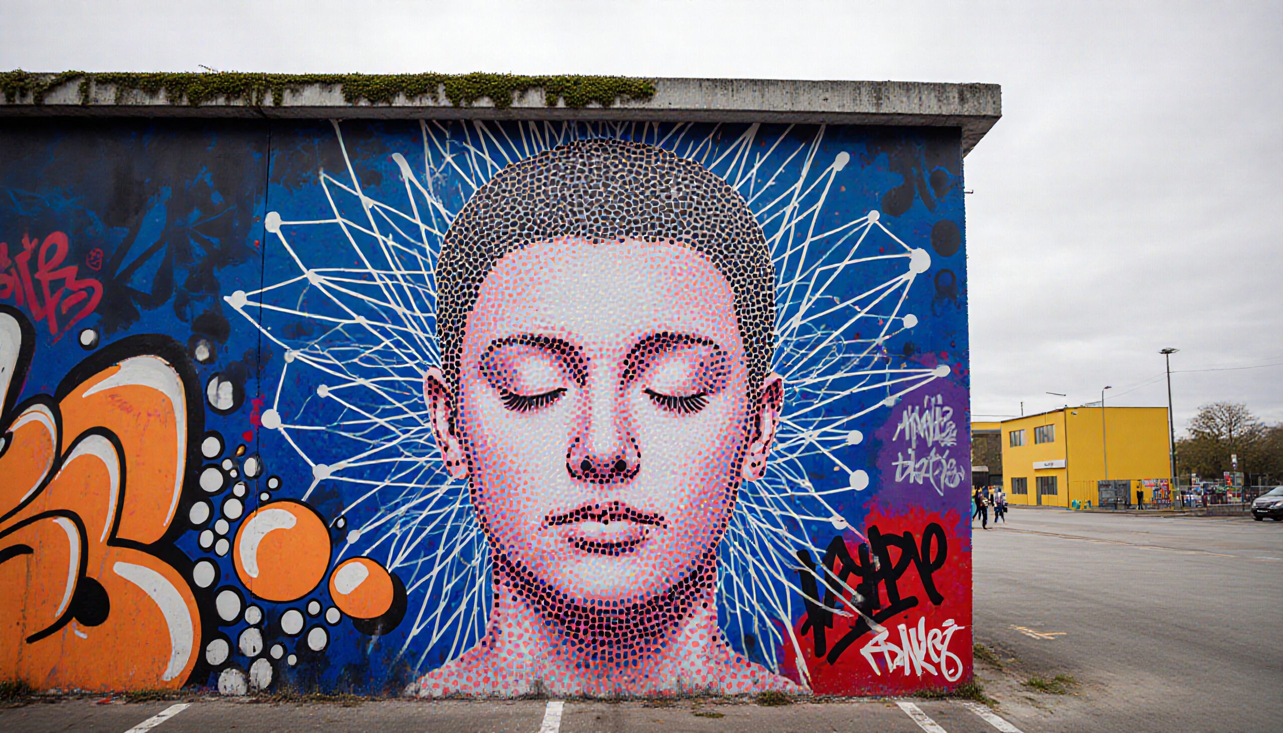 Street art mural featuring a serene face with geometric patterns and abstract graffiti on a blue background.