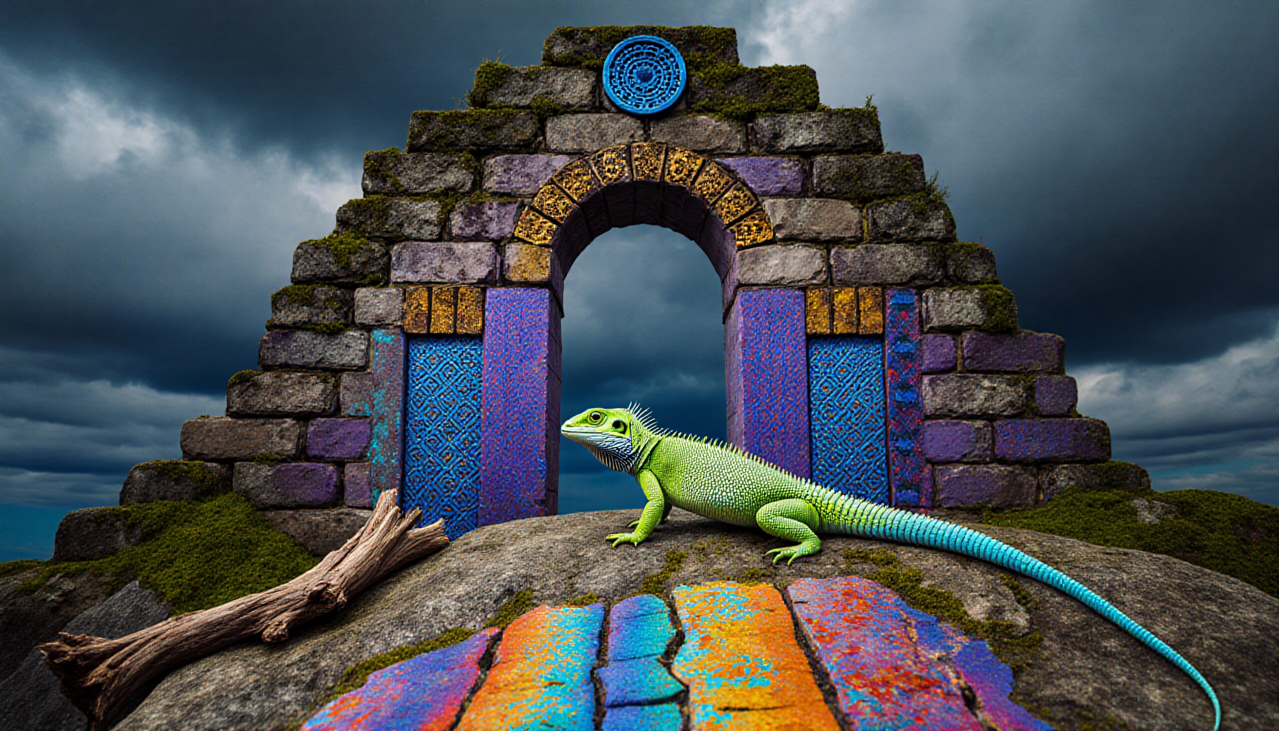 A vibrant green lizard rests on a colorful stone archway under a dramatic cloudy sky.