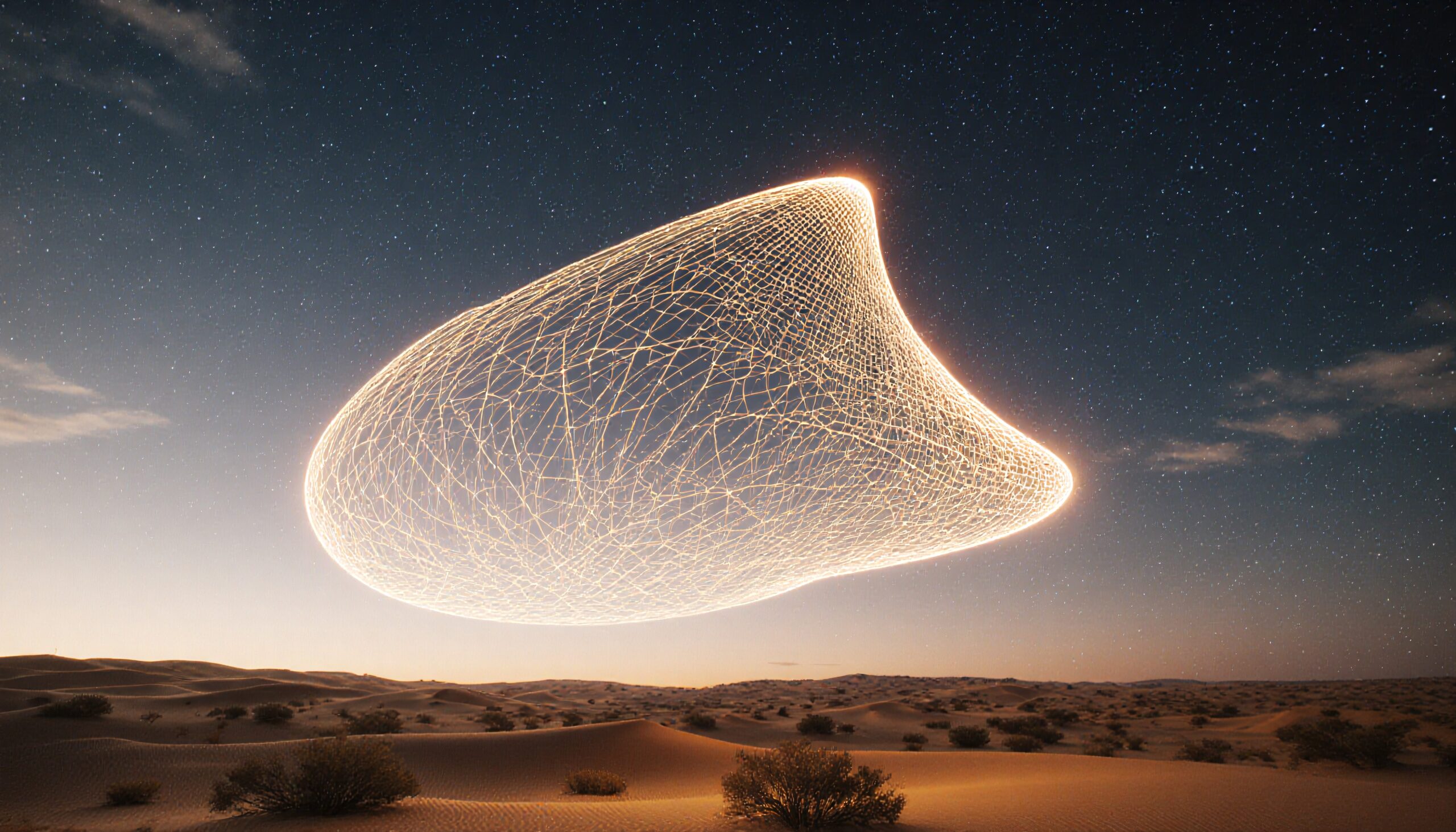 A glowing net-like structure in a starry desert night sky.