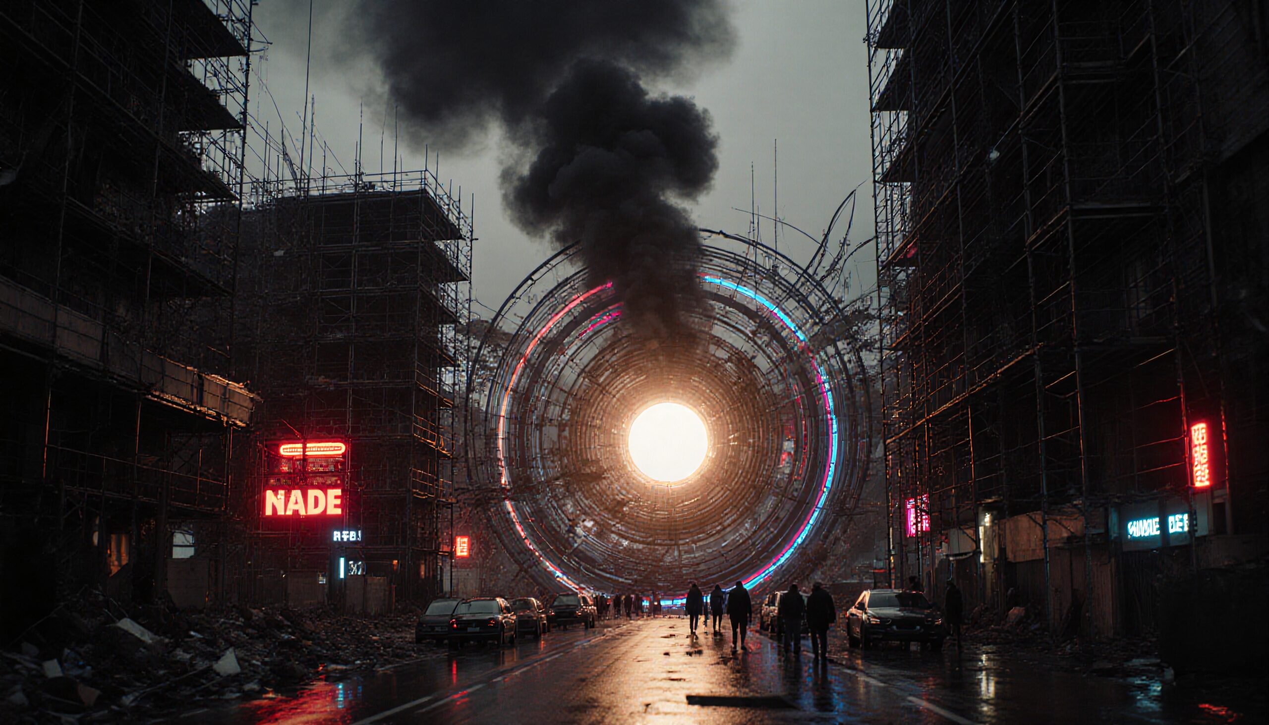 Dystopian urban scene with neon lights and massive circular structure emitting intense light.