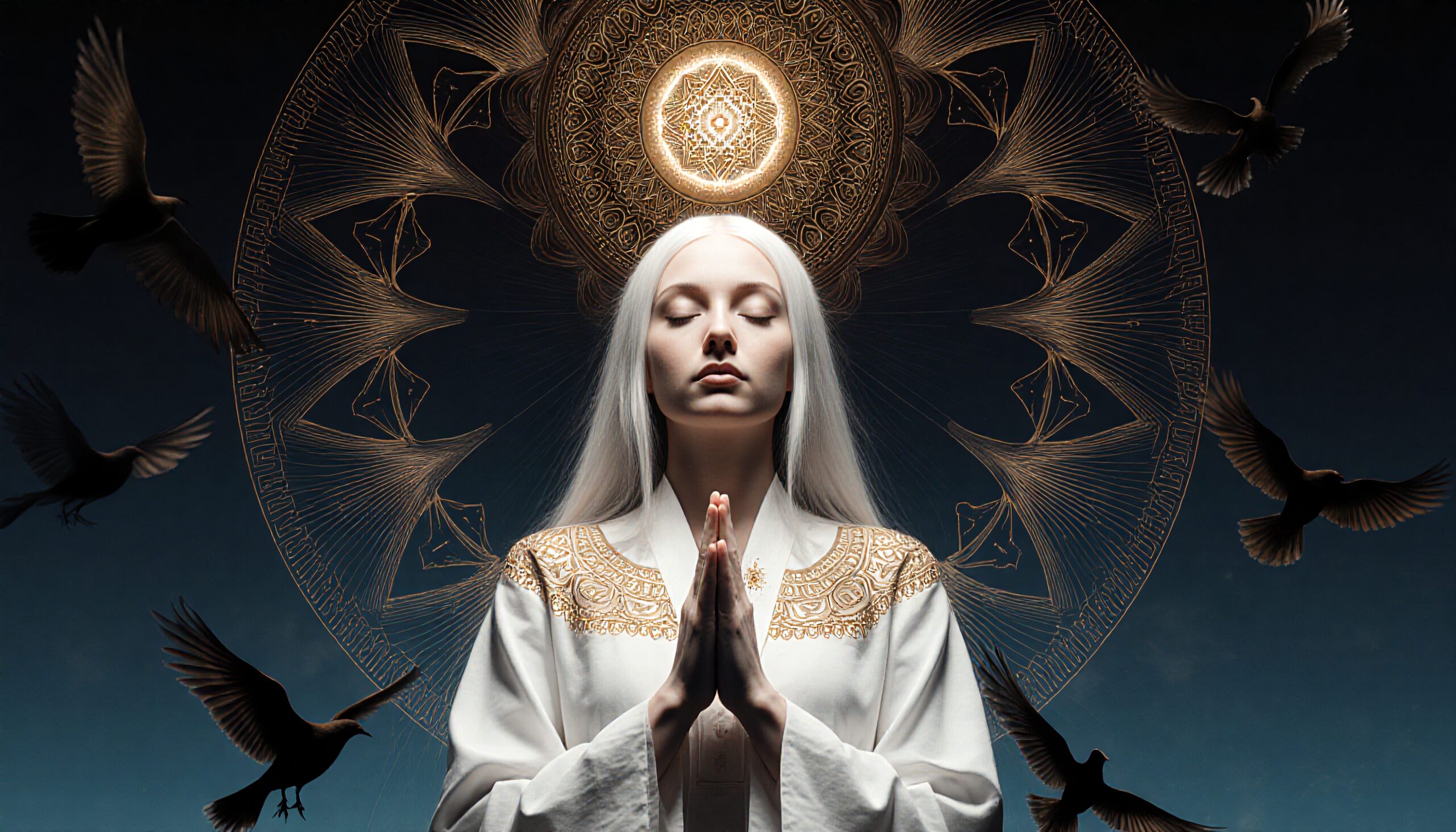 Serene woman in prayer with ornate halo and birds.