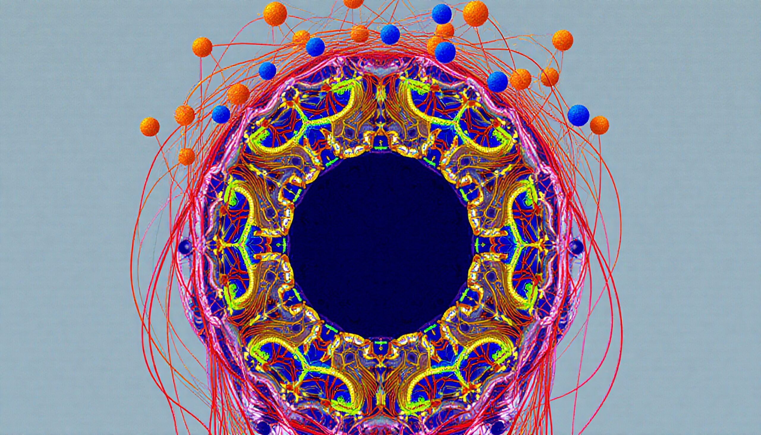 A vibrant abstract mandala with colorful spheres.
