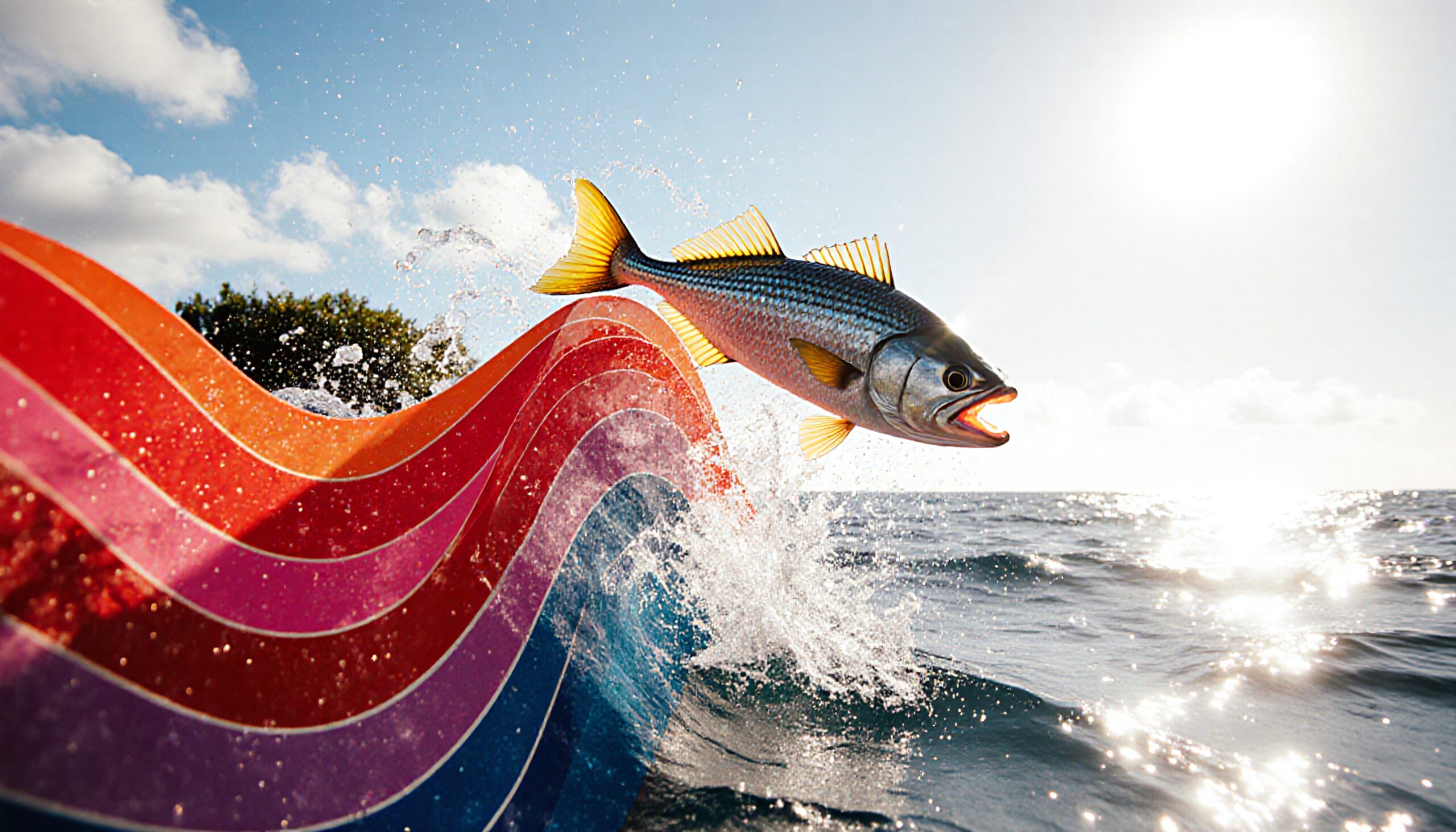 A vibrant fish jumps over a colorful rainbow wave under a bright sunlit sky.