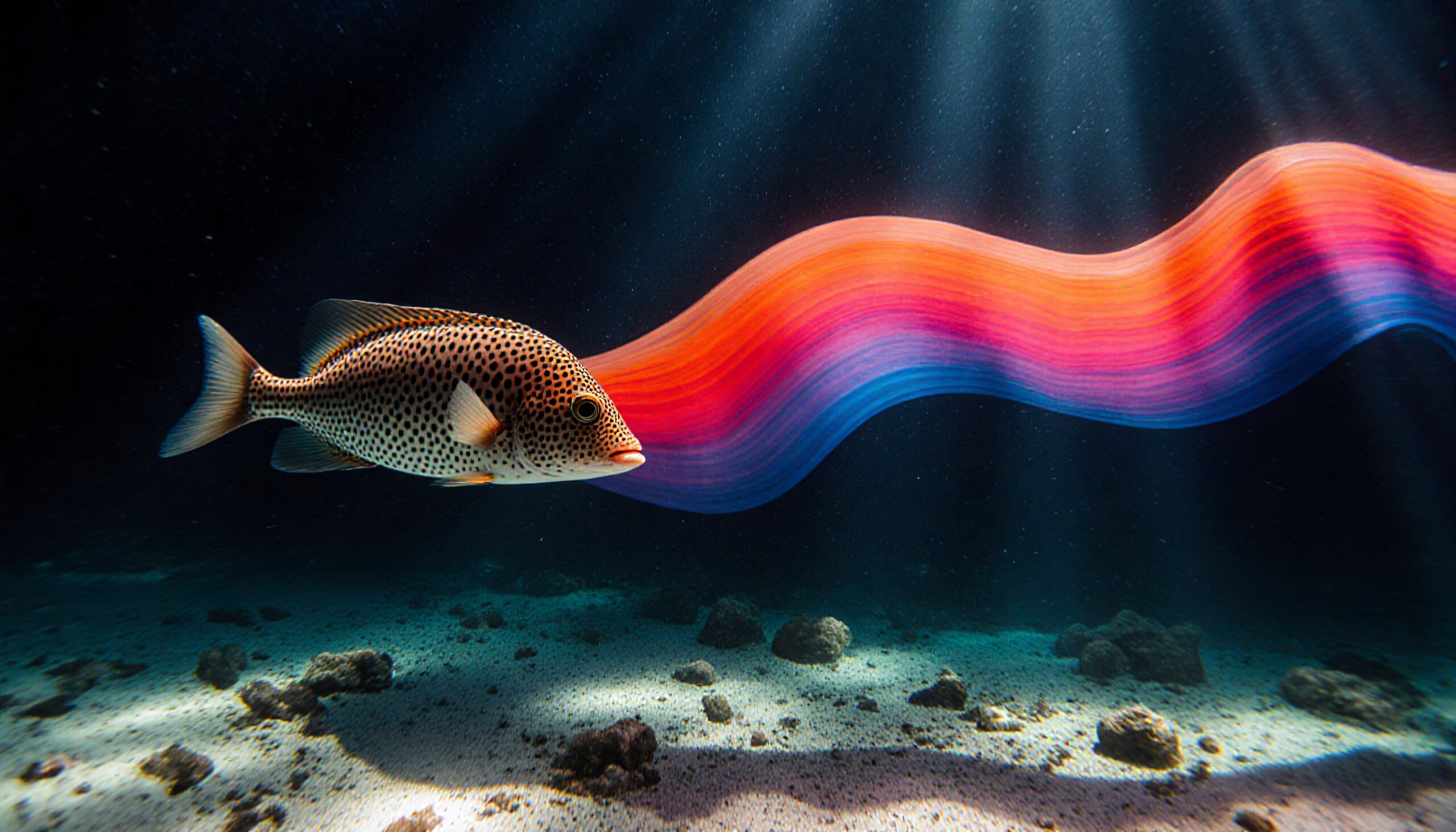 A spotted fish swims underwater with a colorful, wavy ribbon behind it, illuminated by sun rays filtering through the water.