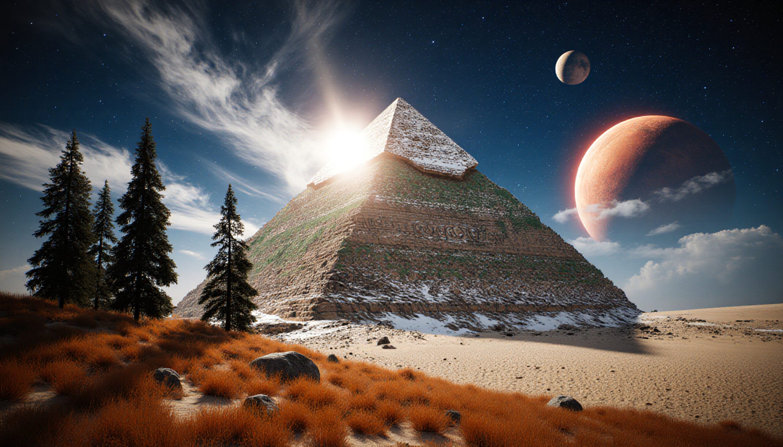A pyramid under a starry sky with planets, surrounded by desert, trees, and grasses.