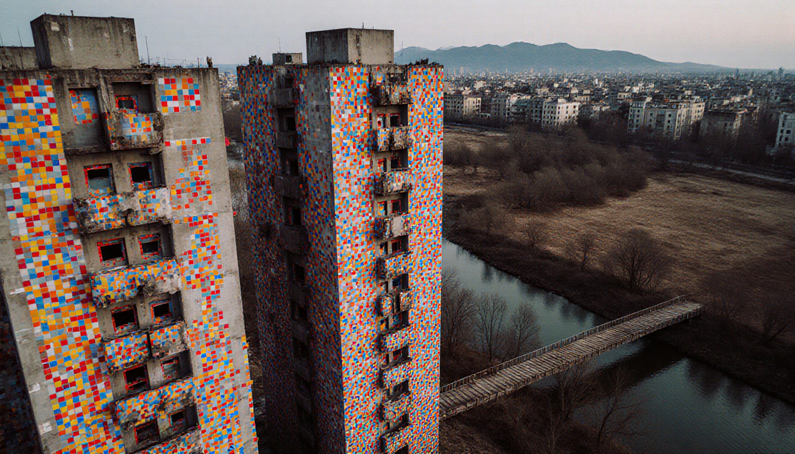 Aerial view of colorful towers with vibrant tiles beside a river and urban landscape.