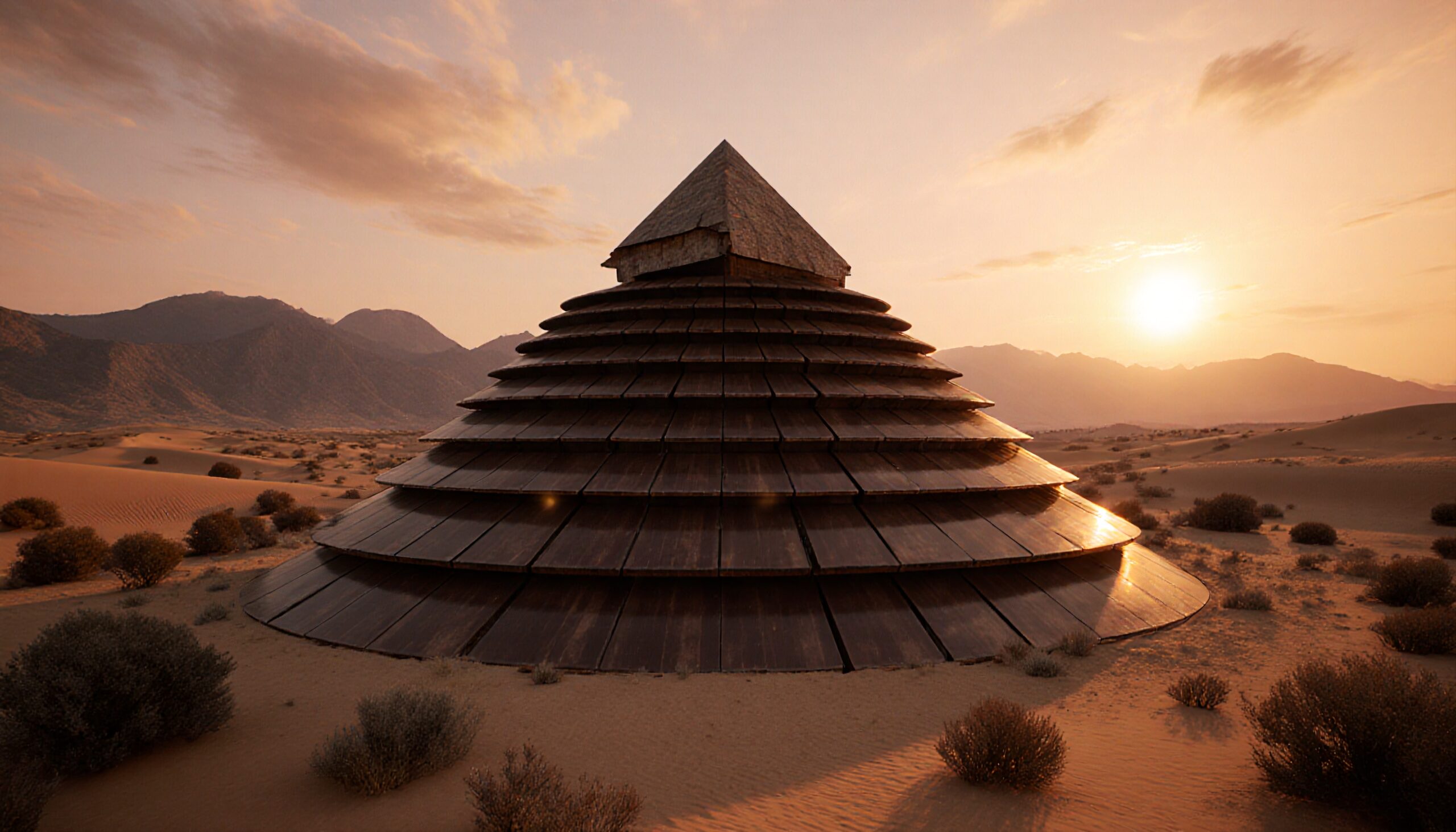 Stepped wooden pyramid in desert sunset, surrounded by dunes and sparse vegetation.