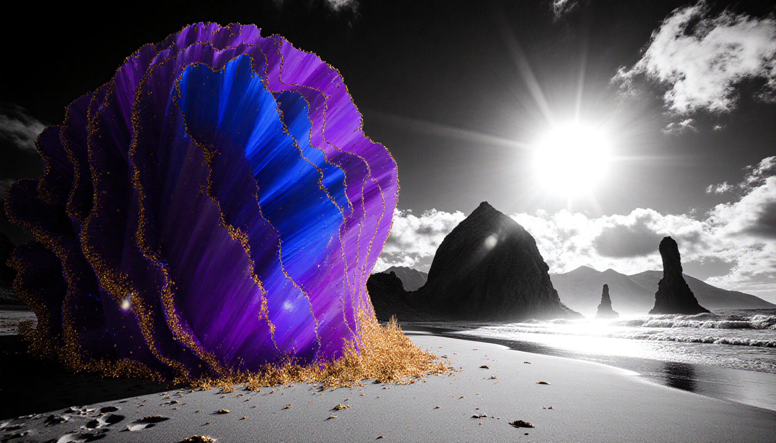 A vibrant purple and blue abstract sculpture on a monochrome beach with dramatic rock formations and a bright sun above.