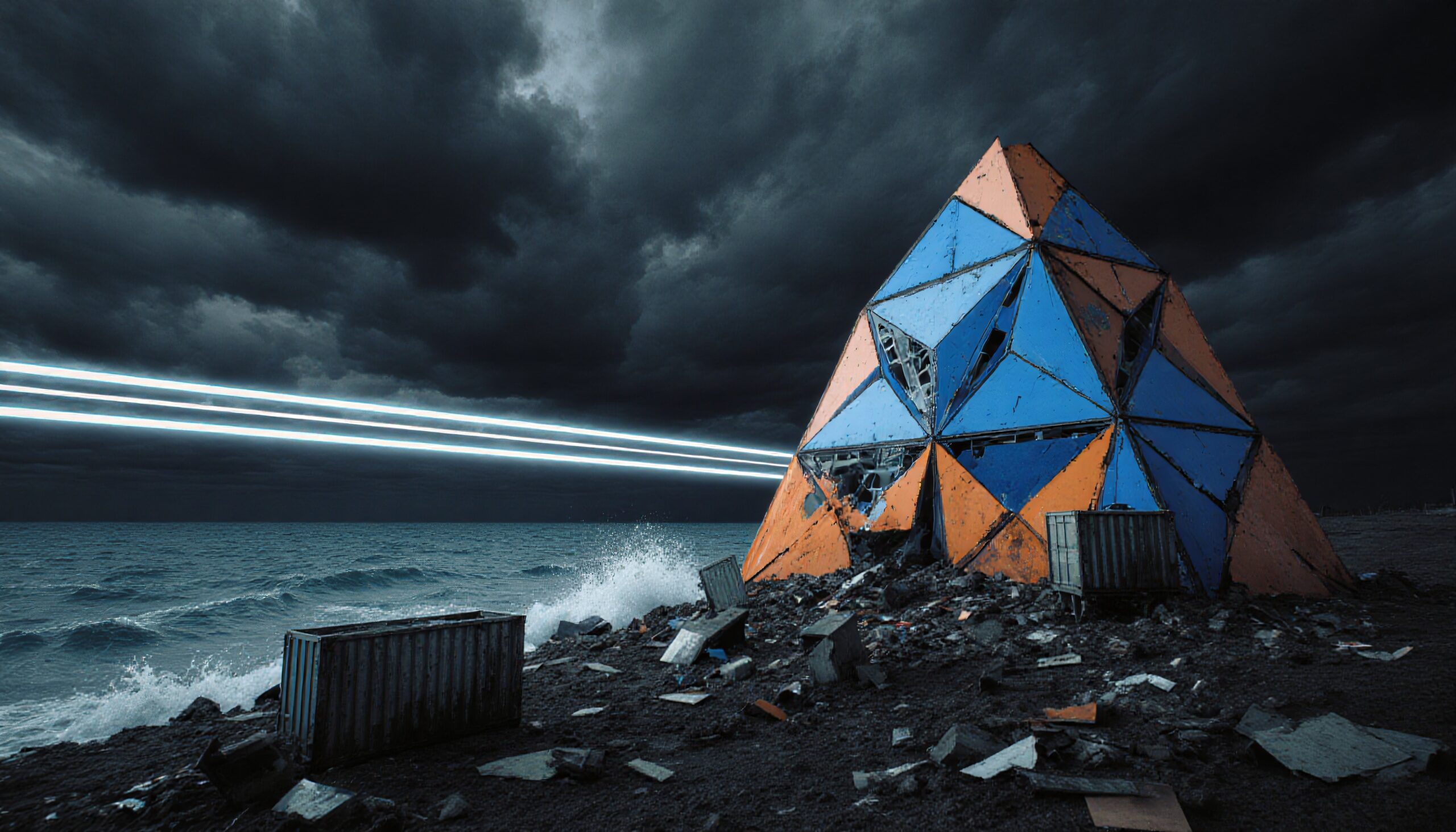 Futuristic pyramid stands on stormy coastal shoreline.