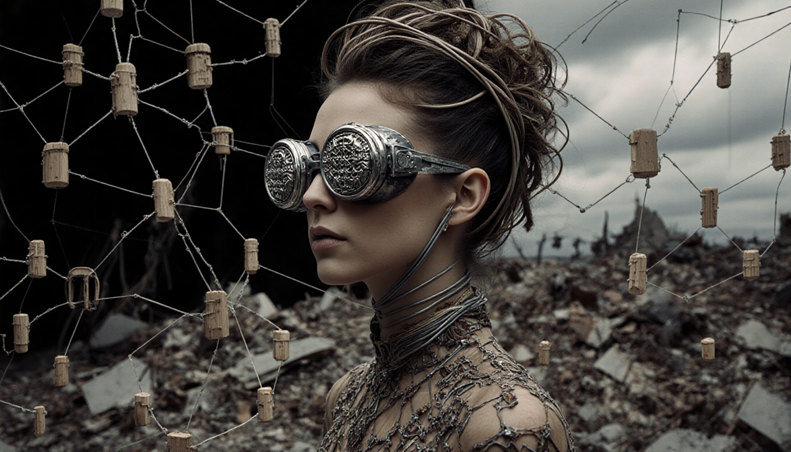 Futuristic woman wearing intricate metallic goggles in a desolate landscape with geometric structures.