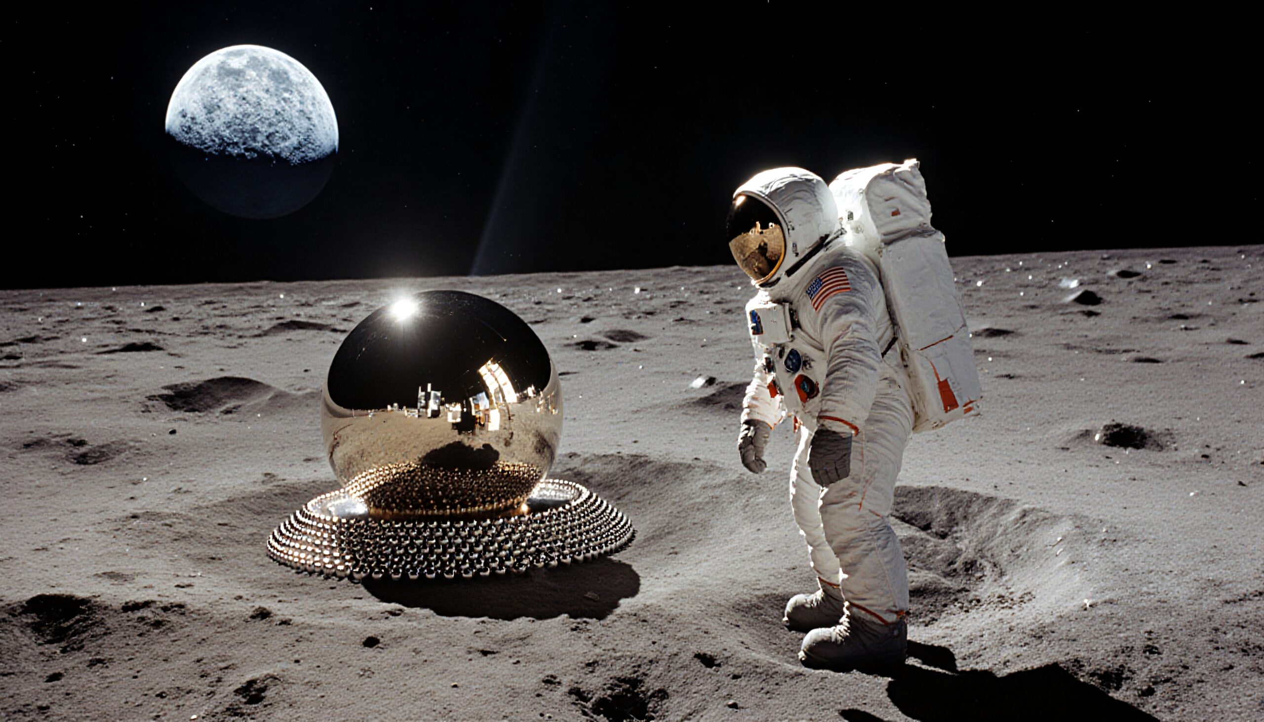 Astronaut on the moon with reflective sphere, Earth in distance.