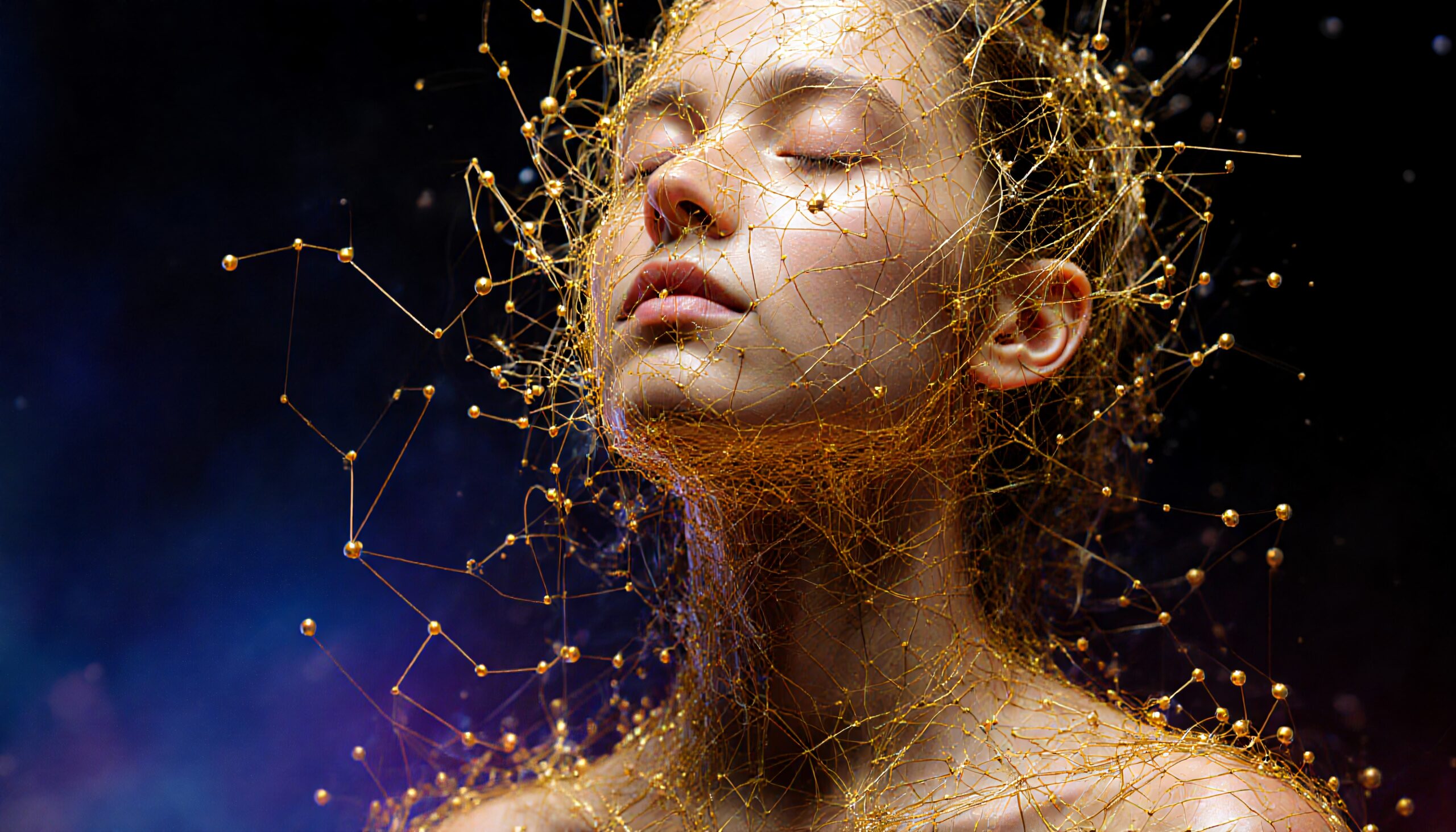 A woman enveloped in golden threads, surrounded by a dark, ethereal background, exuding tranquility and elegance.