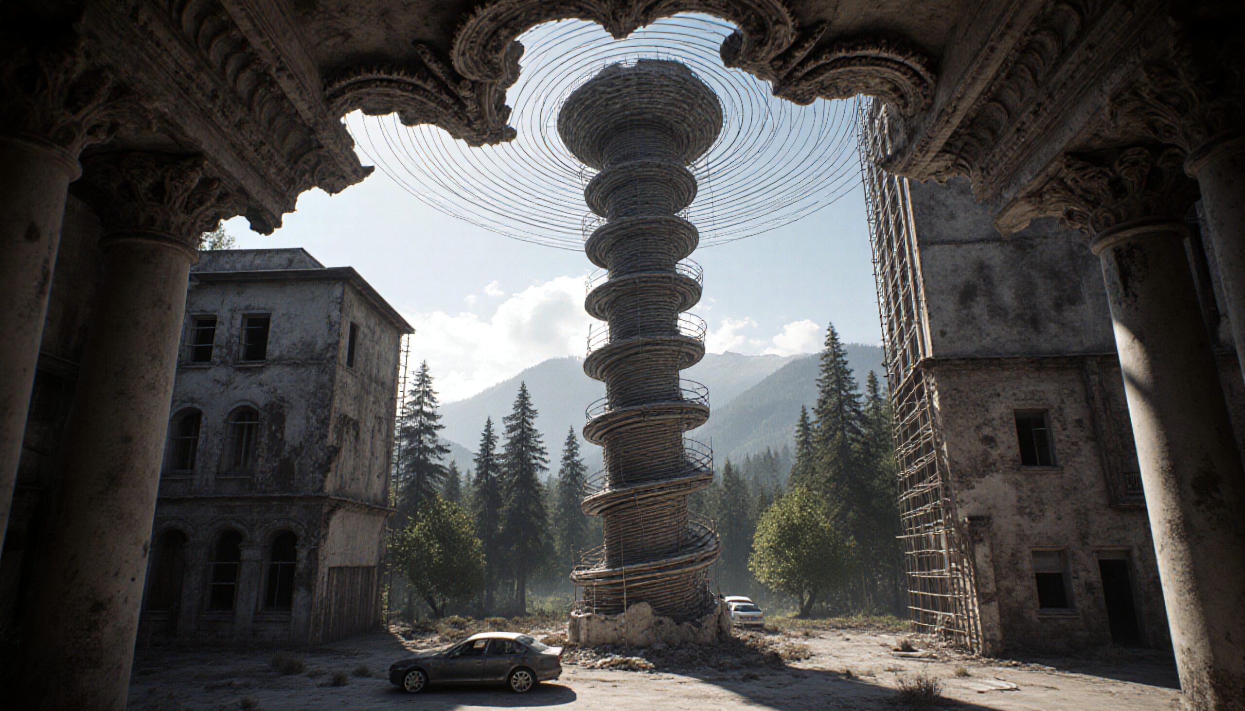 Spiral tower amidst abandoned buildings and misty mountains.