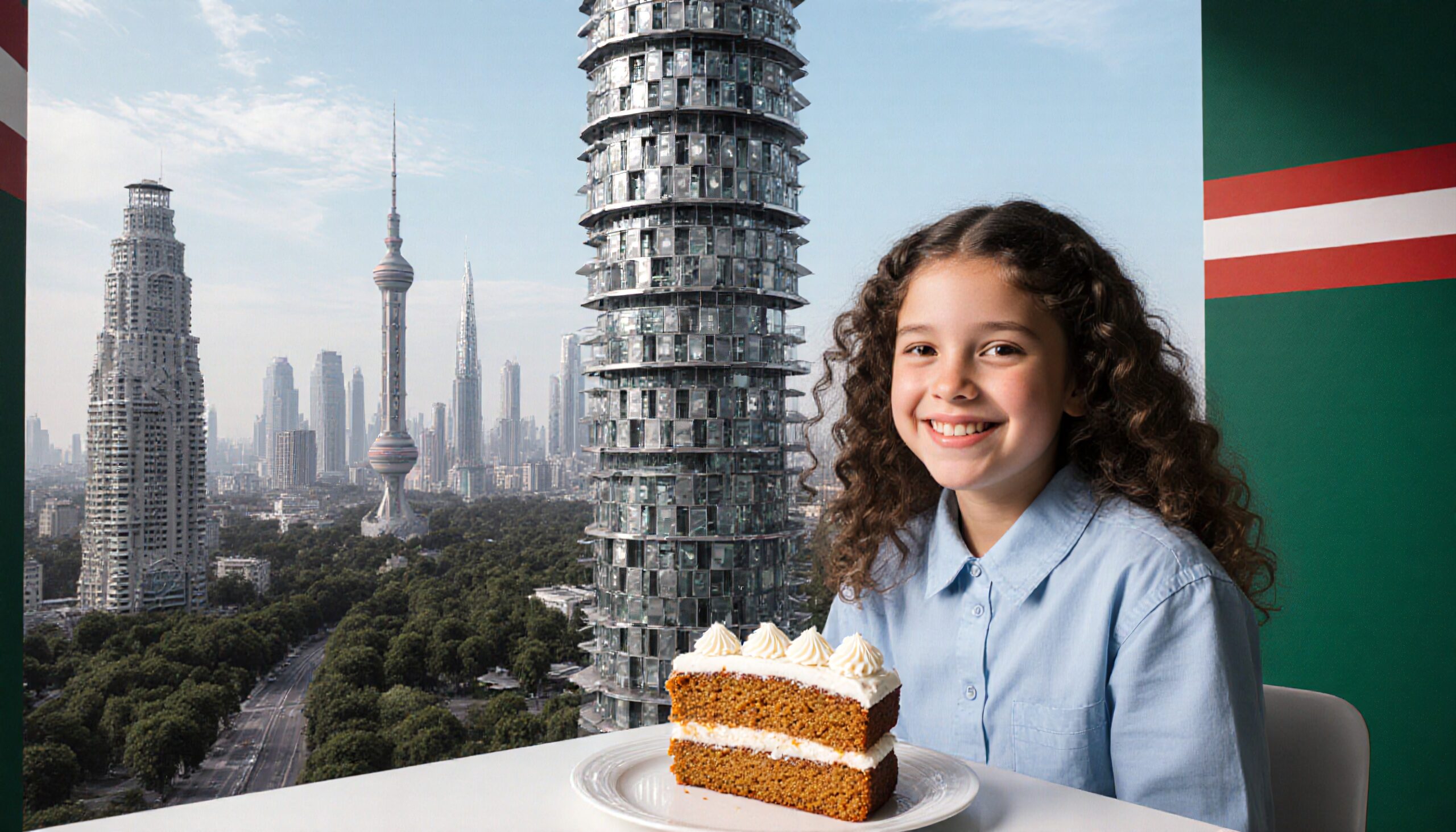 A smiling girl enjoys cake with a stunning cityscape background.