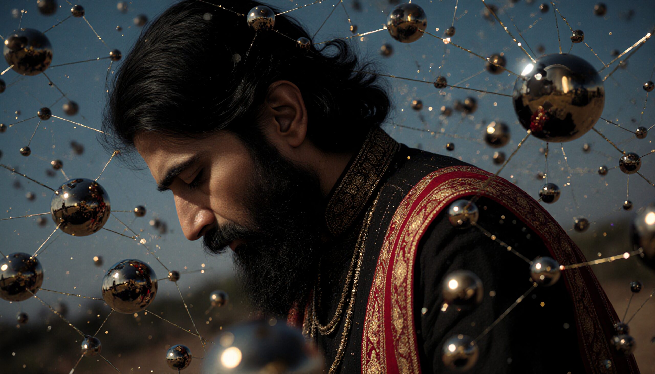 Thoughtful man surrounded by reflective metallic spheres against a sky backdrop.