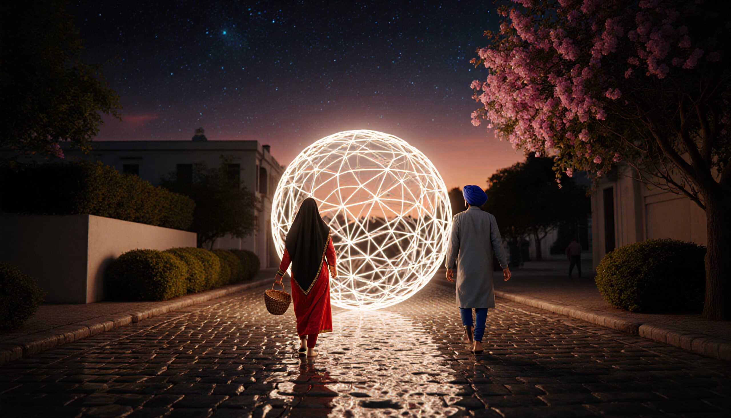 A woman and man walk towards a glowing sphere under a starry twilight sky on a serene cobblestone street.