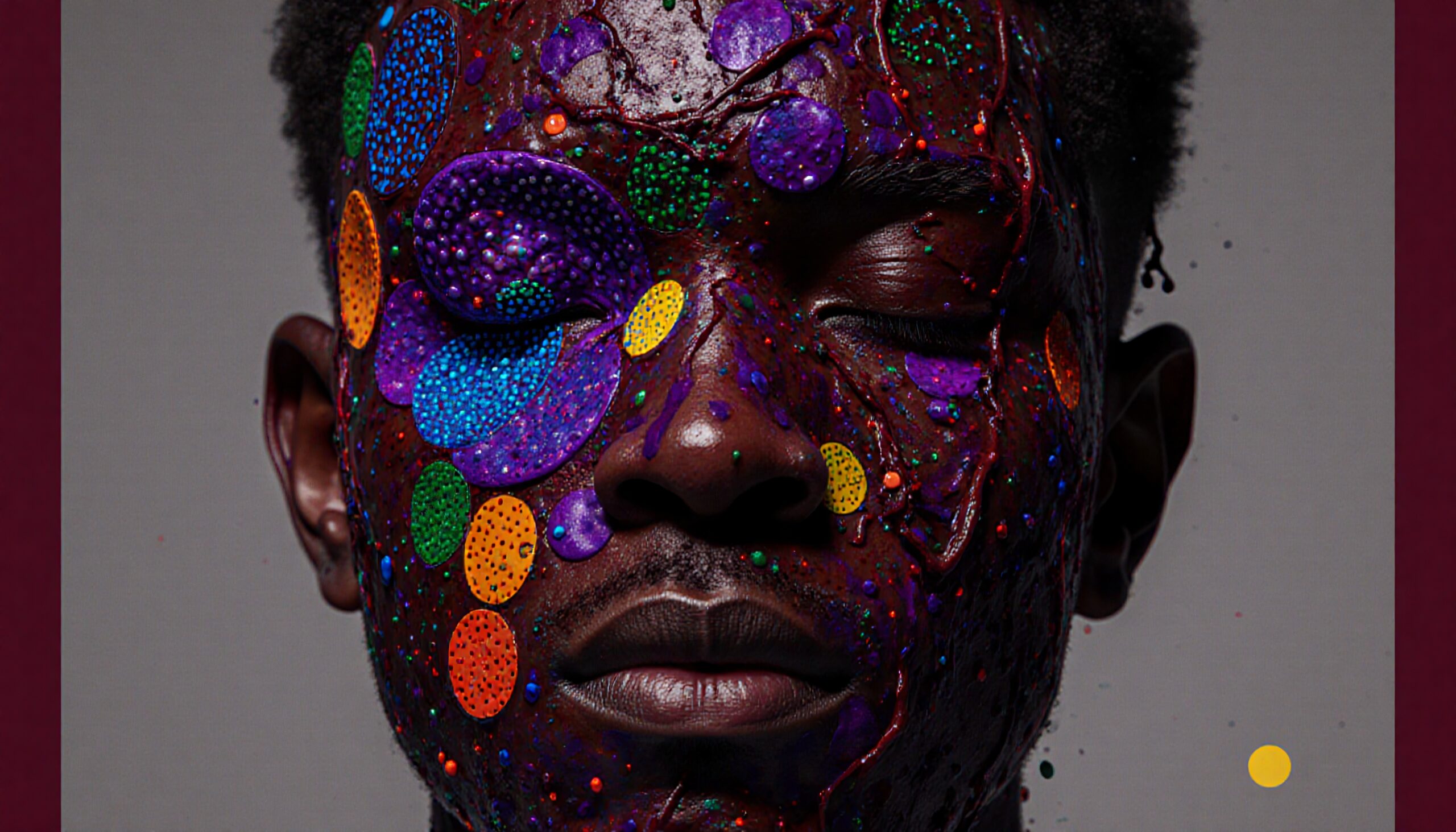 A close-up of a vibrant face covered in colorful abstract designs, showcasing artistic expression and vivid textured patterns.